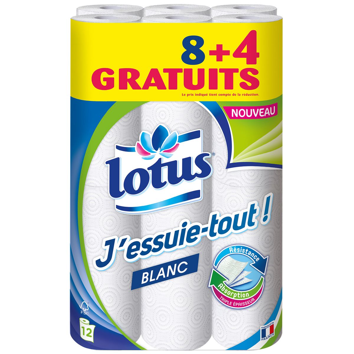 LOTUS Essuie-tout blanc dont 4 offerts 12 rouleaux
