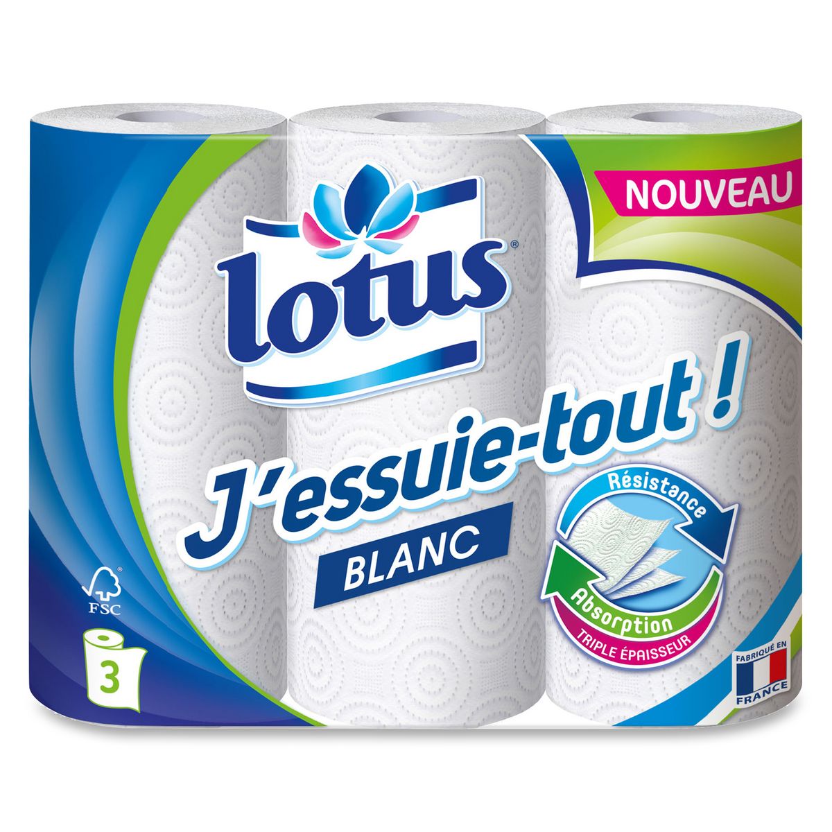 LOTUS Essuie-tout blanc 3 rouleaux