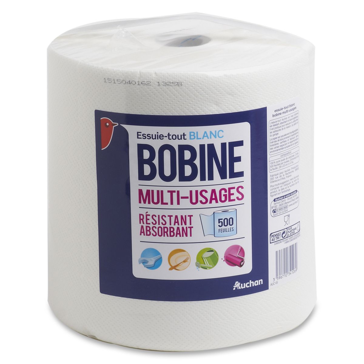 AUCHAN Essuie-tout blanc en bobine résistant et absorbant 500 feuilles