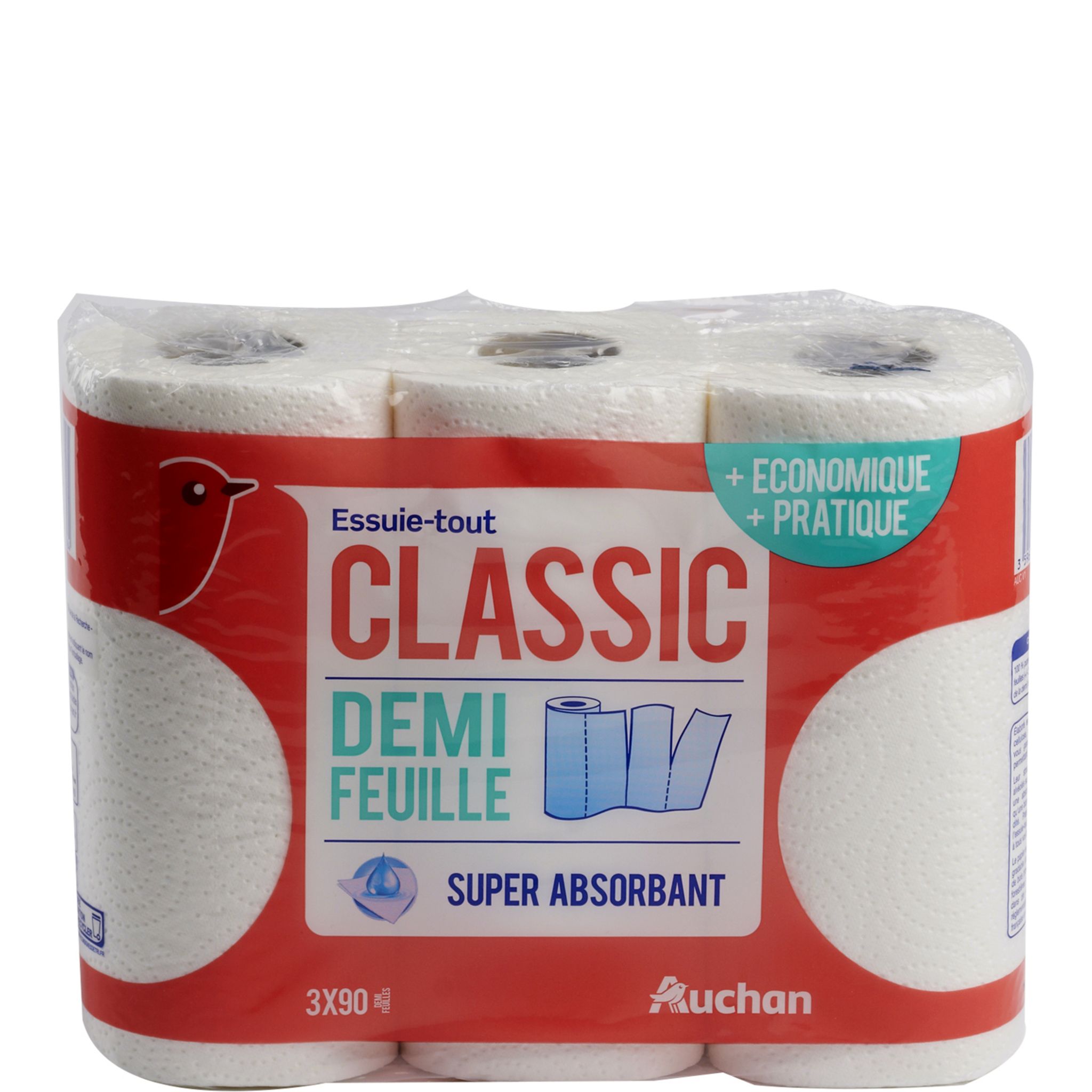 AUCHAN Essuie-tout blanc classic demi-feuille super absorbant 3 rouleaux