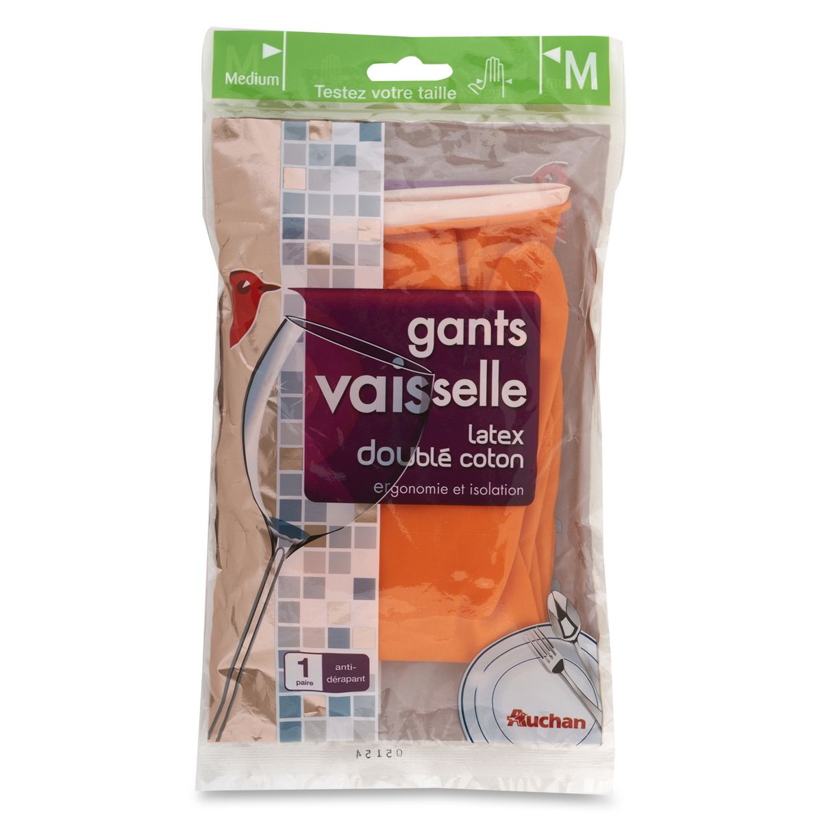 AUCHAN Gants à vaisselle en latex doublé coton taille M 1 paire