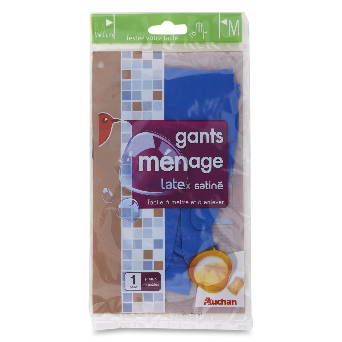 AUCHAN Auchan Gants de ménage en latex satiné taille M x1 1 paire