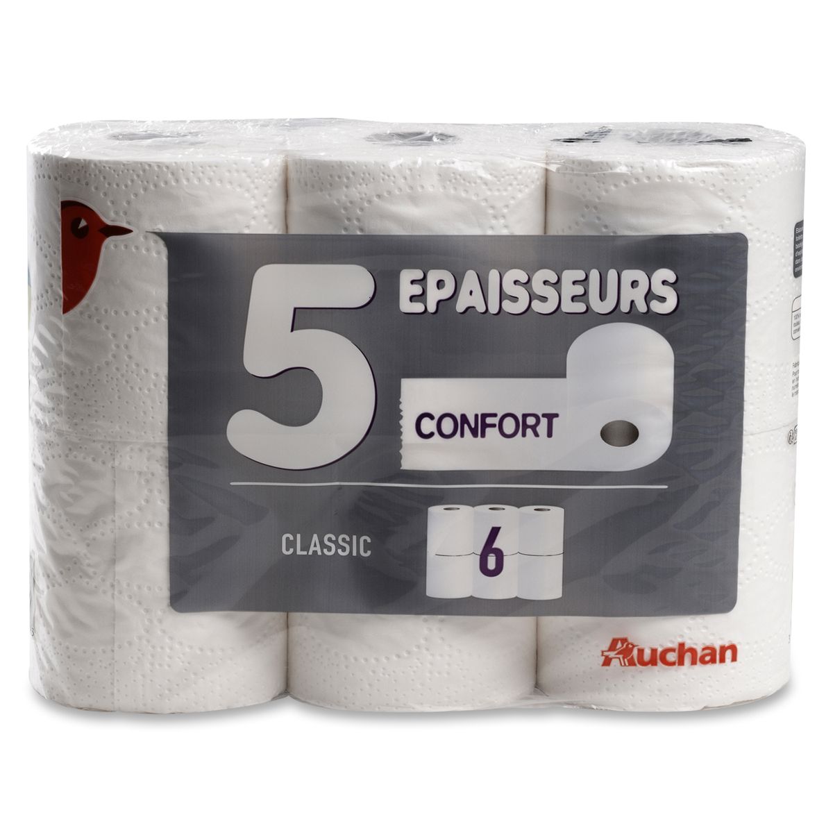 AUCHAN Papier toilette blanc confort 5 épaisseurs 6 rouleaux