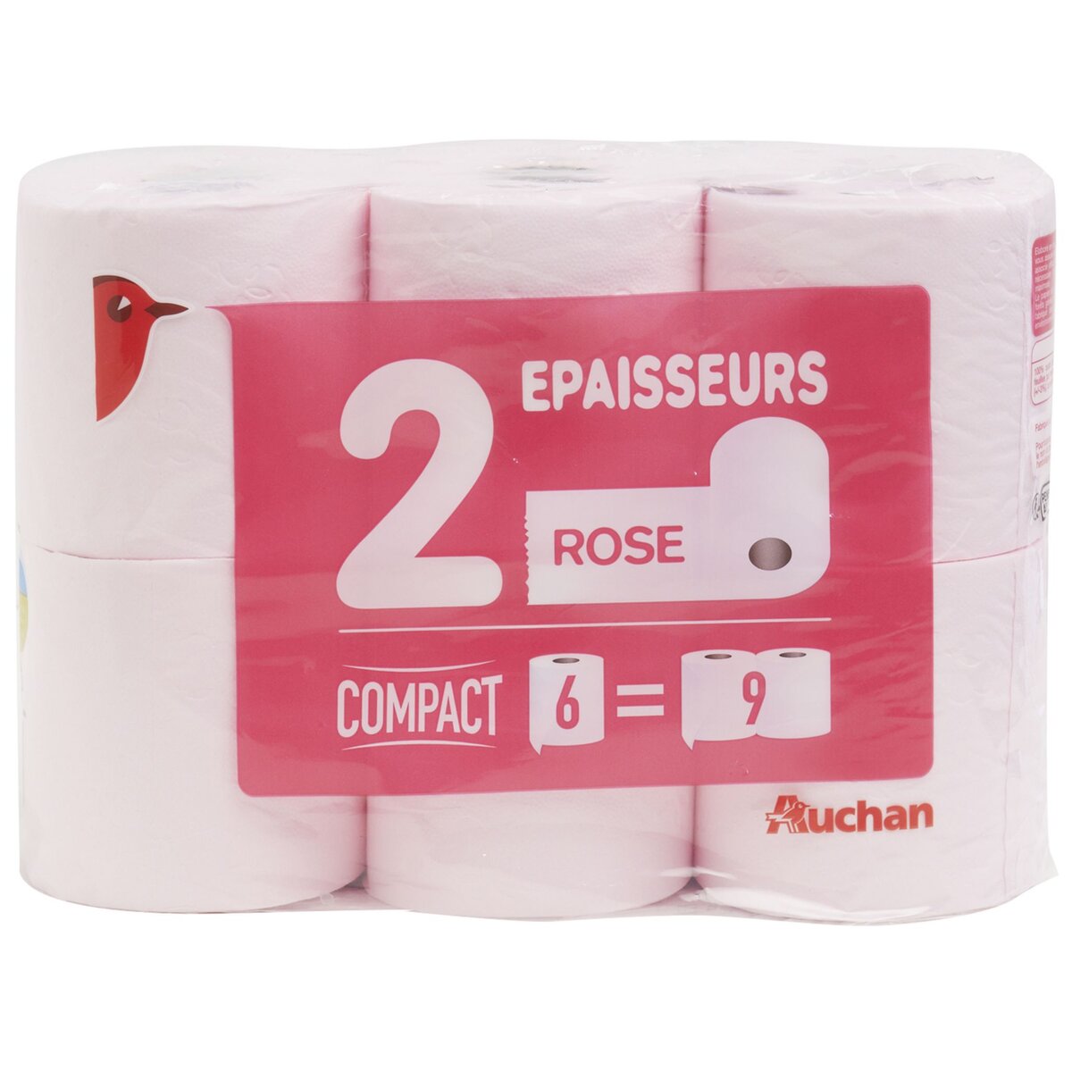 AUCHAN Papier toilette rose compact 2 épaisseurs = 9 standards 6 rouleaux