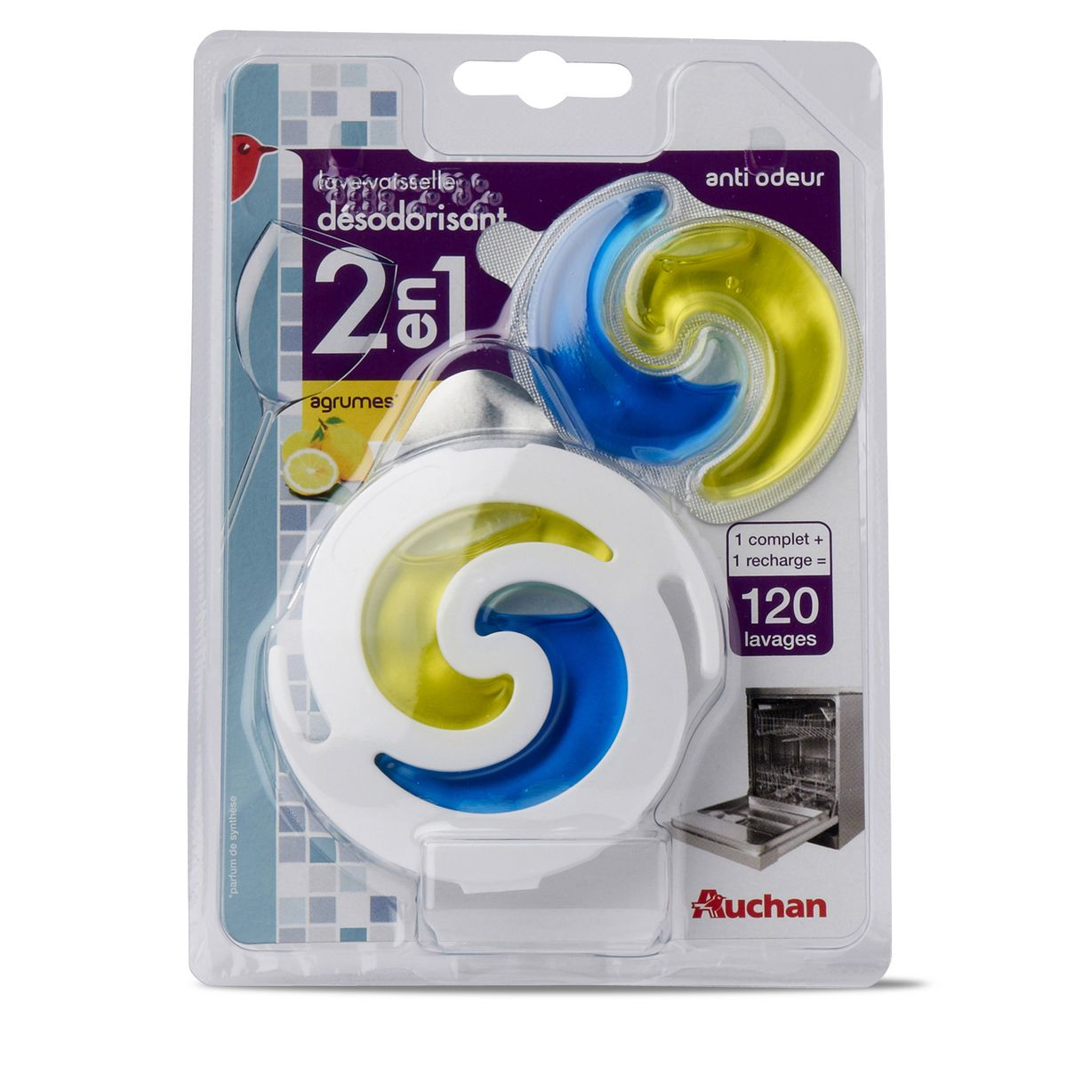 AUCHAN Désodorisant lave-vaisselle anti-odeur parfum agrumes 120 lavages 1+1 recharge