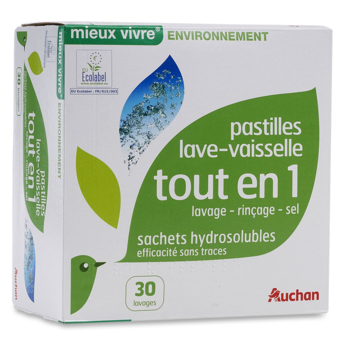 AUCHAN MIEUX VIVRE Pastilles lave-vaisselle tout-en-1 lavage rinçage sel 30 lavages 30 pastilles