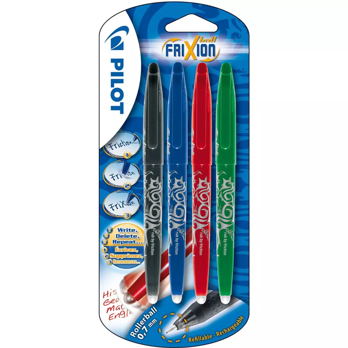 PILOT Lot de 4 stylos rollers frixion ball encre effaçable pointe moyenne 0,7mm coloris assortis