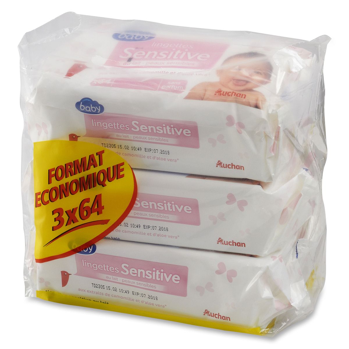 AUCHAN Auchan baby lingette sensitive lait recharge 3x64