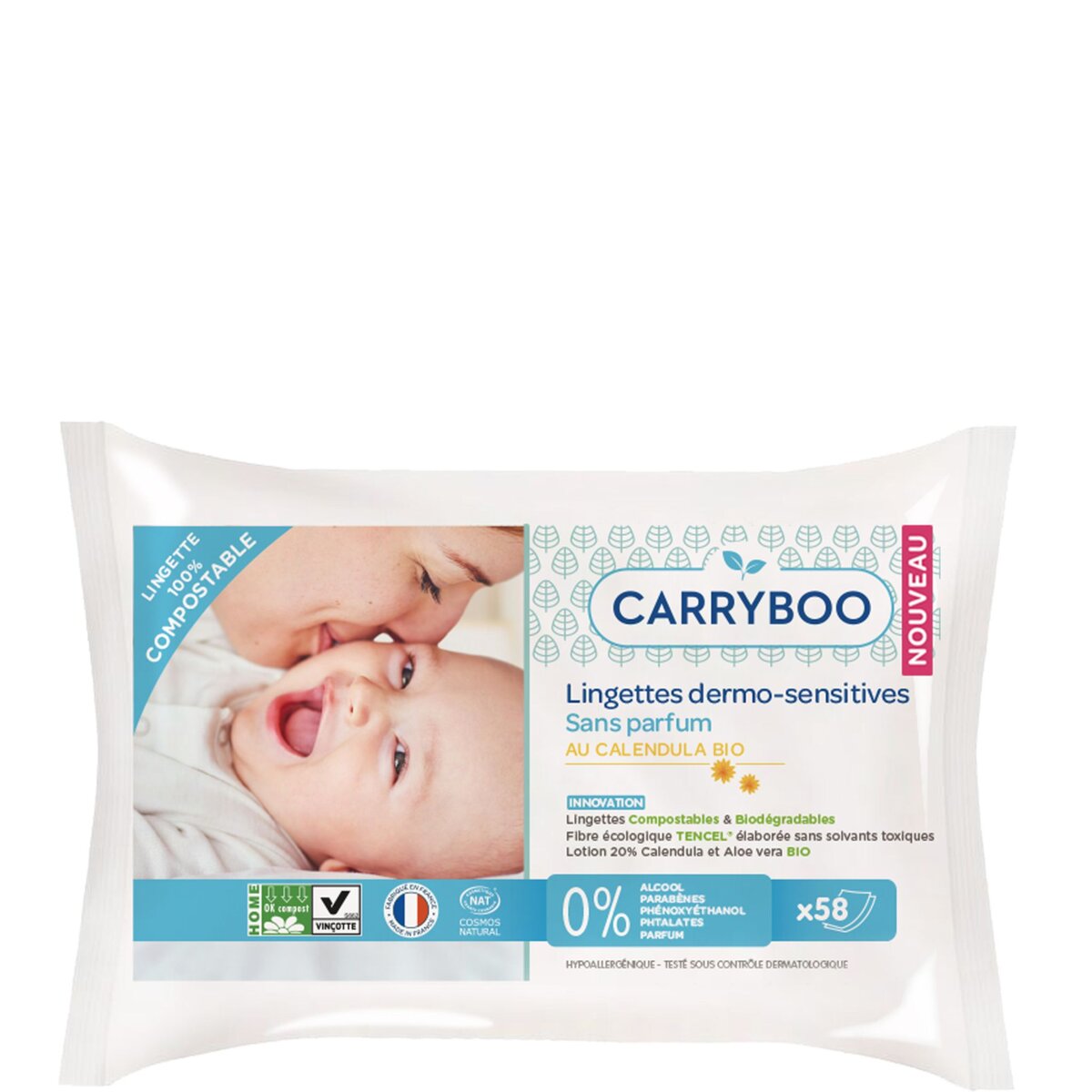 CARRYBOO Lingettes dermo-sensitives au calendula bio pour bébé 58 lingettes