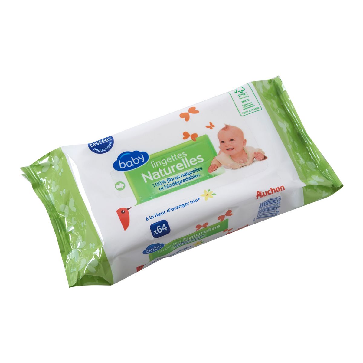 AUCHAN BABY Lingettes naturelles 100% fibres à la fleur d'oranger bio 64 lingettes