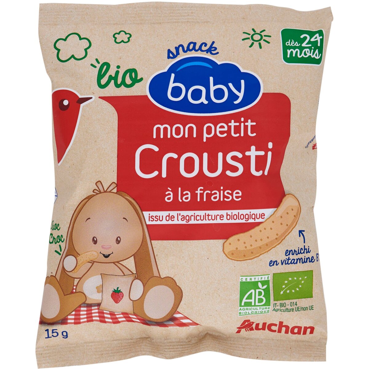 AUCHAN BABY BIO Auchan baby bio Snack mon petit crousti à la fraise dès 24 mois 15g 15g