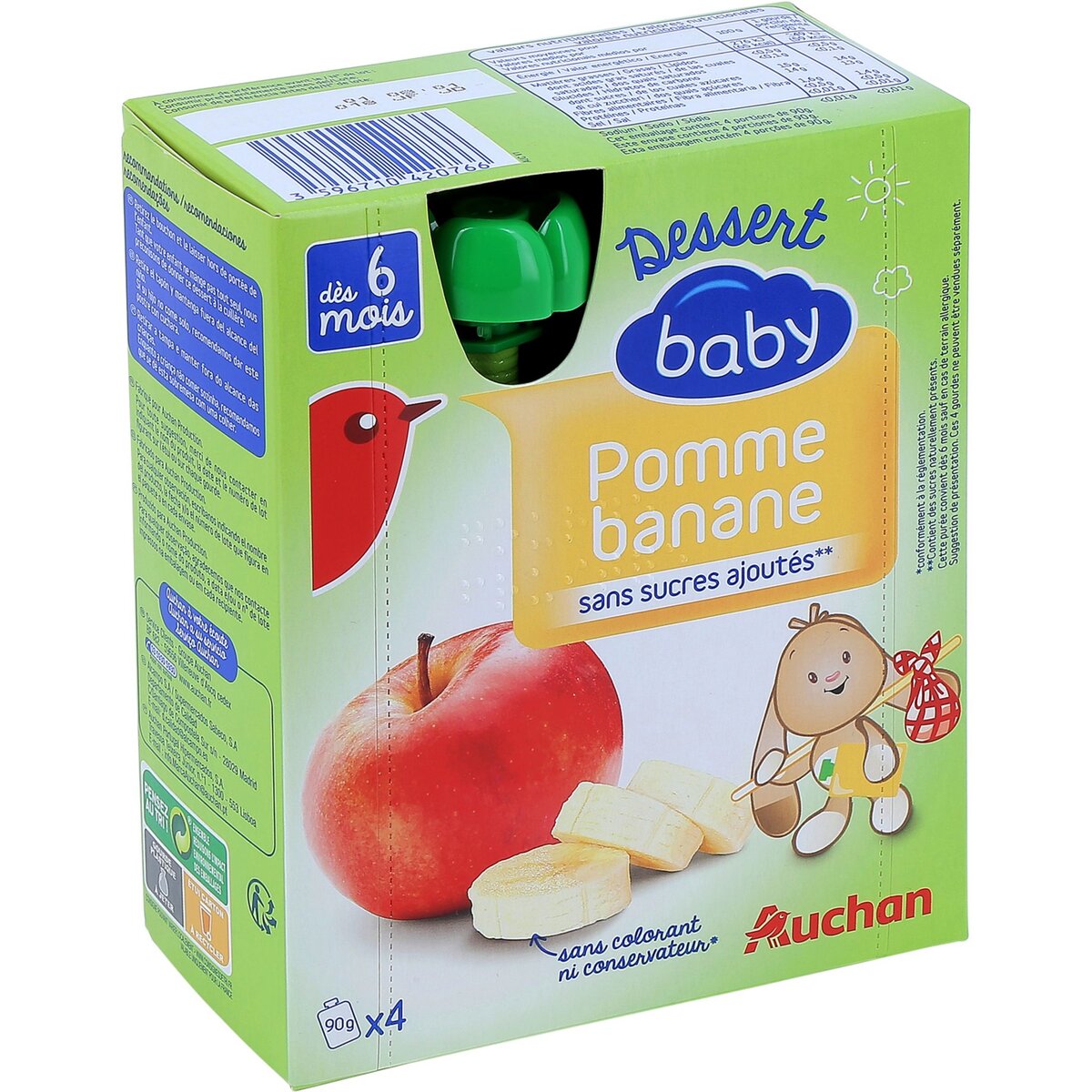 AUCHAN BABY Petit pot dessert pomme banane dès 6 mois 4x90g