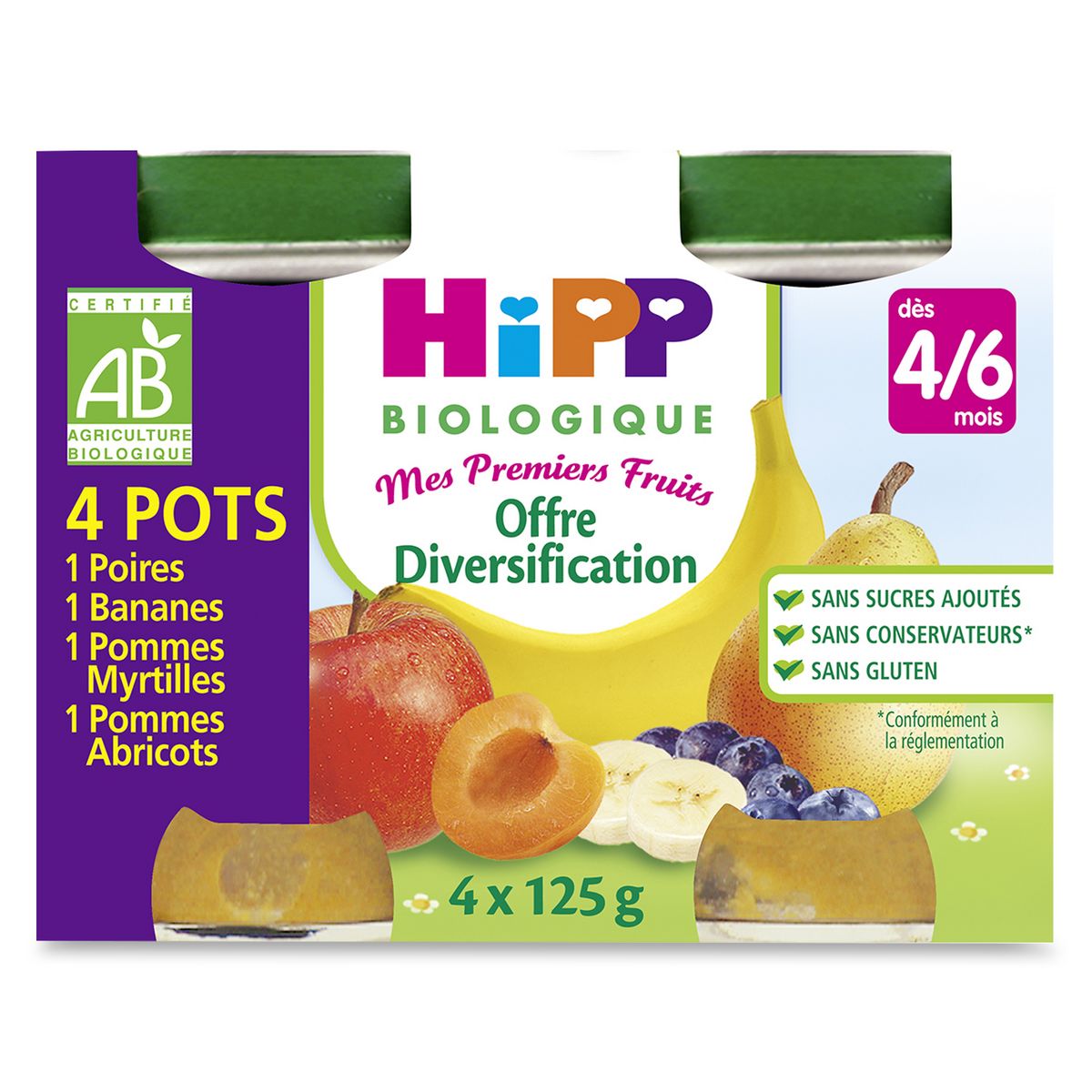 HIPP Hipp bio poire banane pomme myrtille 4x125g dès 4/6 mois