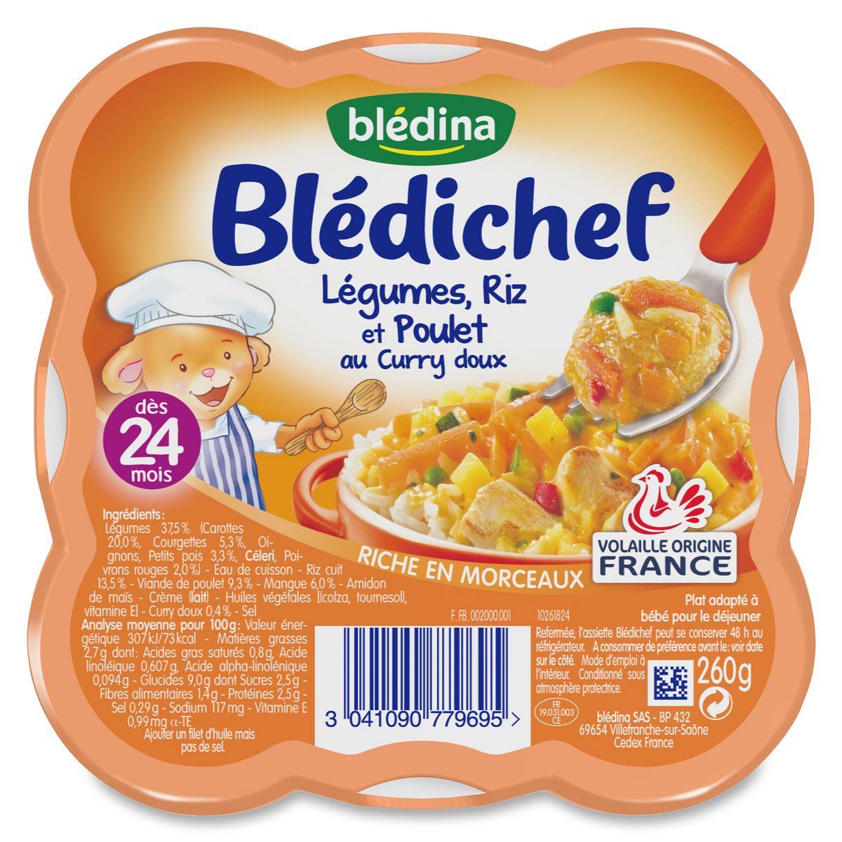 BLEDINA Blédichef légumes riz poulet au curry doux 260g dès 24mois