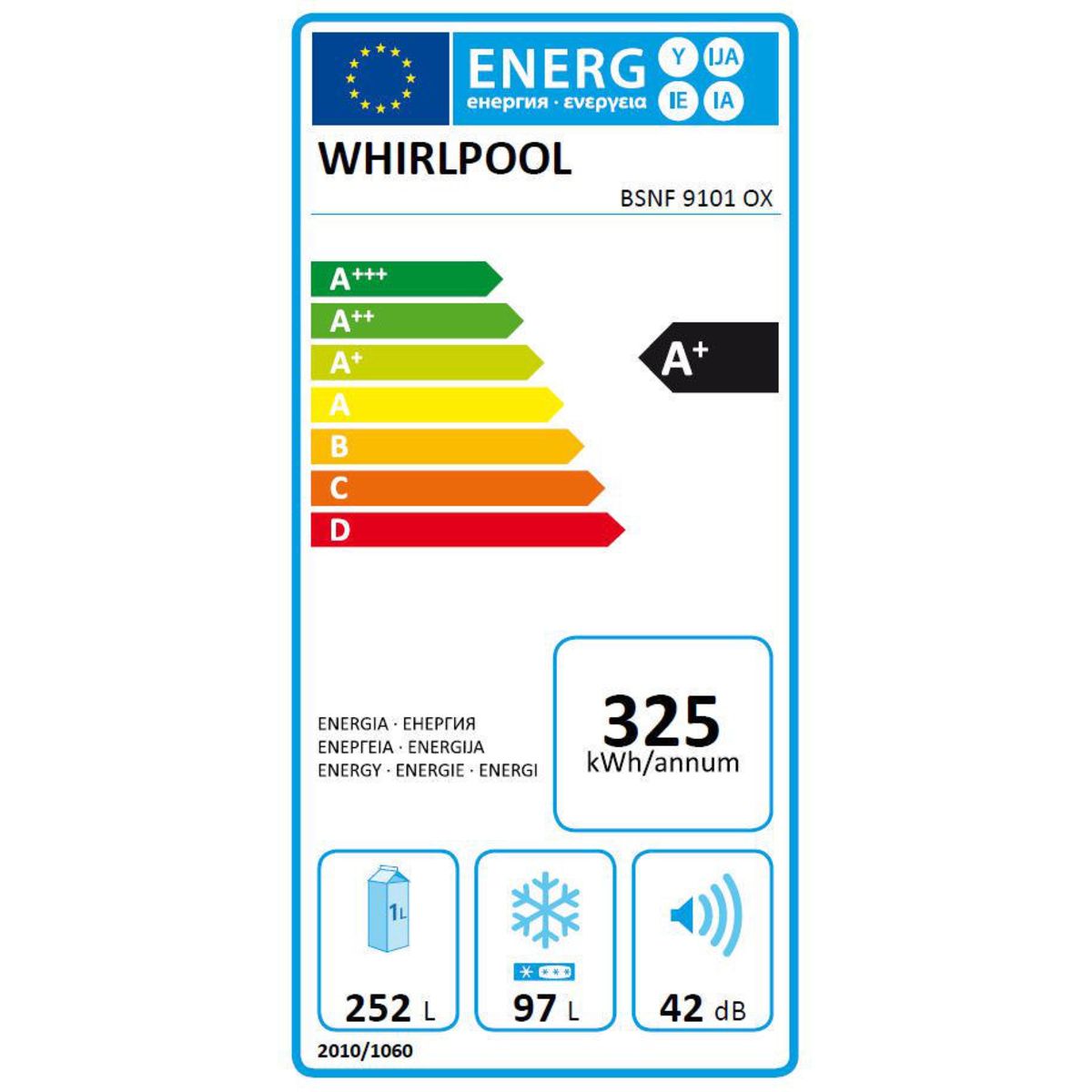WHIRLPOOL WHIRLPOOL Réfrigérateur combiné BSNF9101OX, 349 L, Froid No frost
