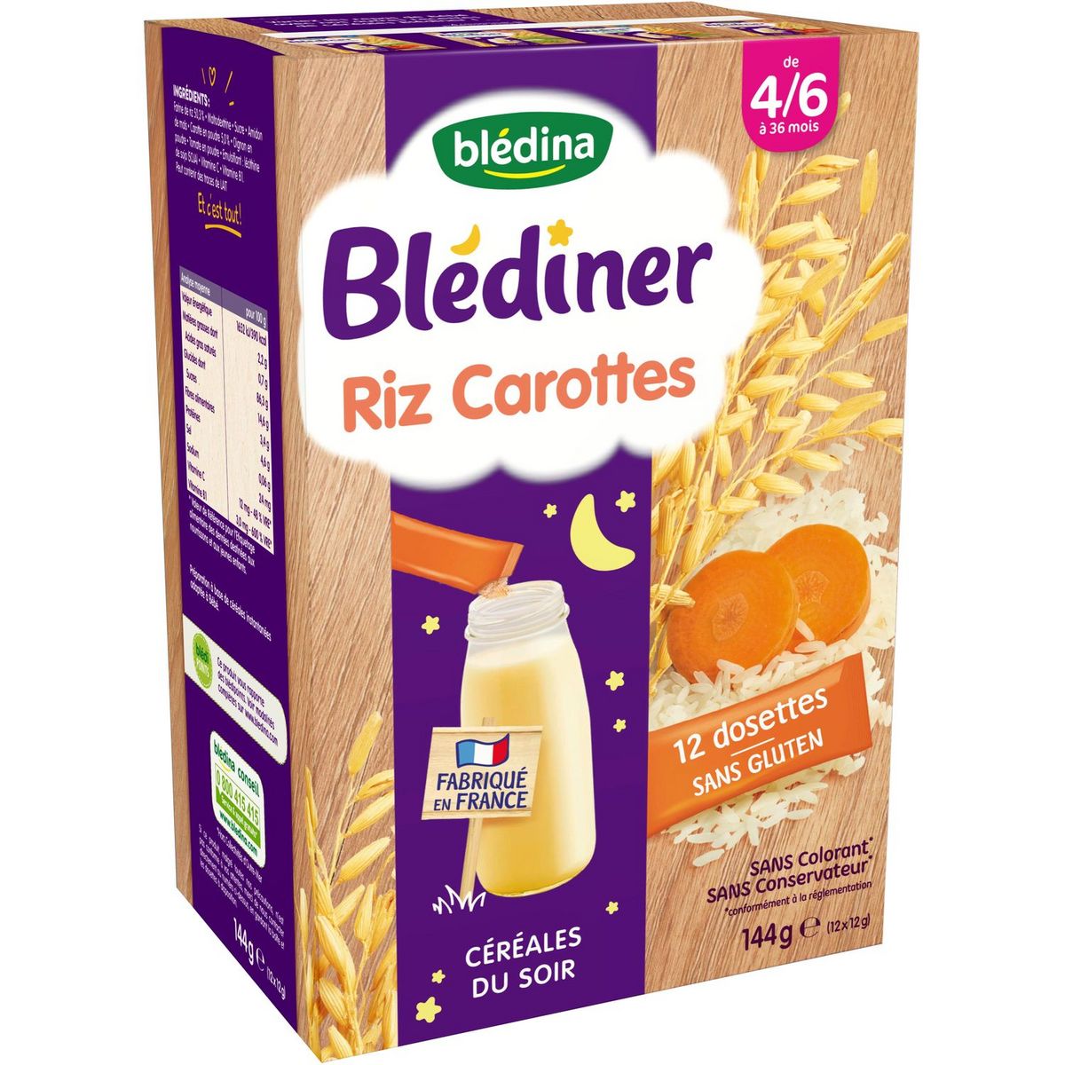 BLEDINA Blédina Blédiner dossettes céréales riz carotte en poudre dès 4 mois 12x12g 12x12g