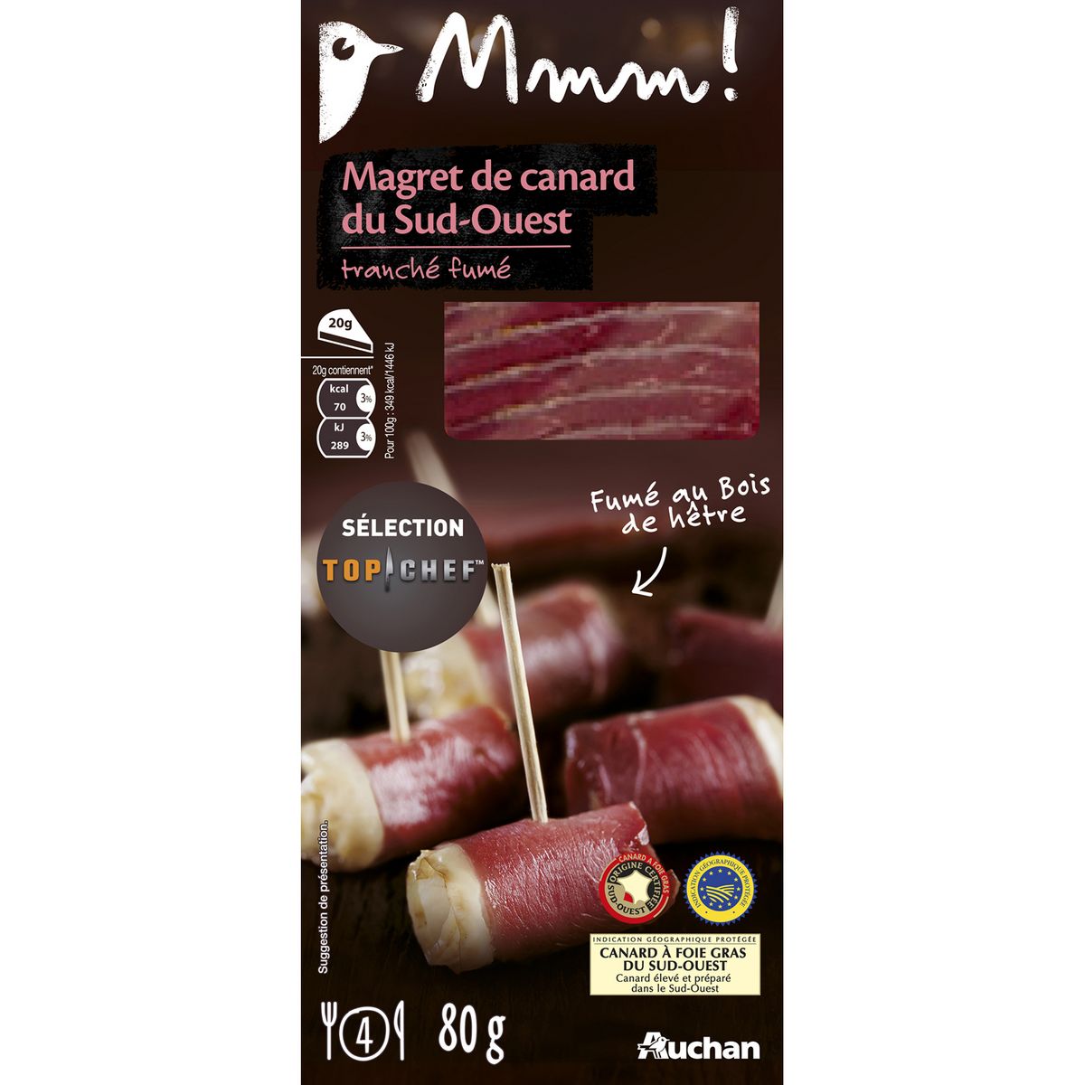 AUCHAN MMM! Magret de canard sud-ouest tranché fumé 4 personnes 80g