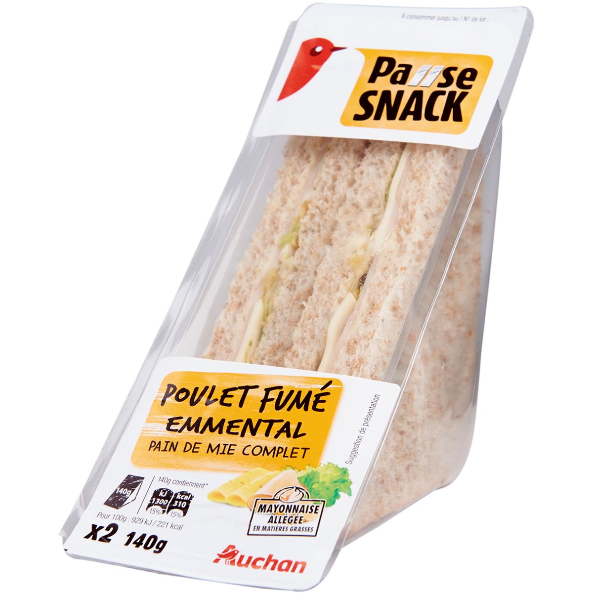 AUCHAN Sandwich club complet au poulet 140g