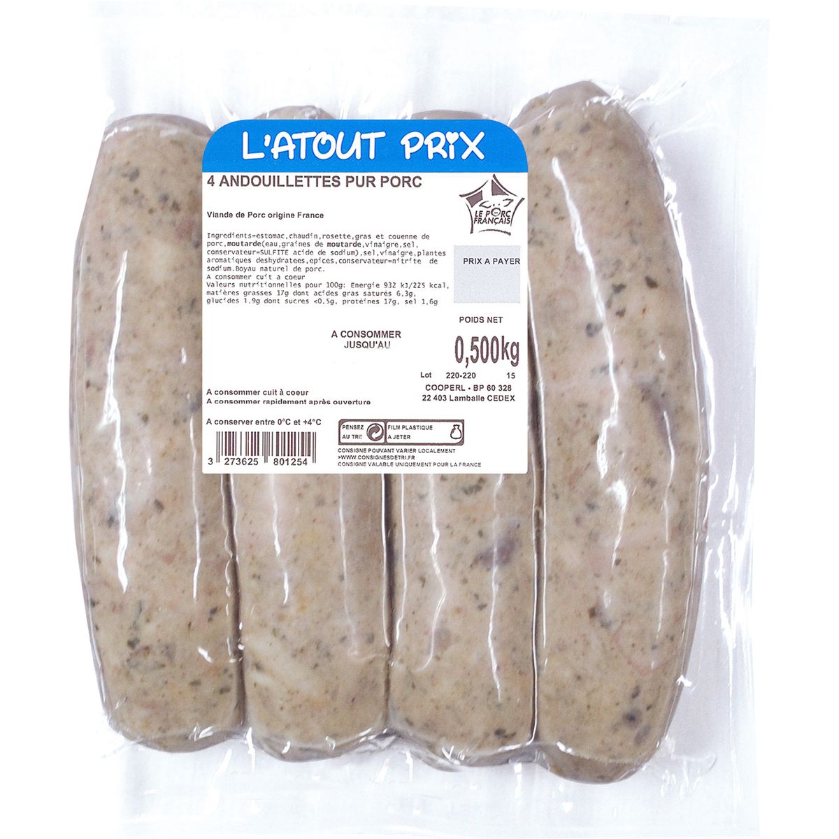 L'Atout Prix andouillettes de porc x4 -500g