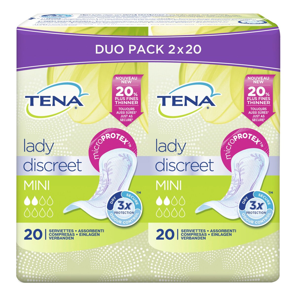 TENA LADY Discreet serviettes hygiéniques sans ailettes mini 40 serviettes 2x20 serviettes