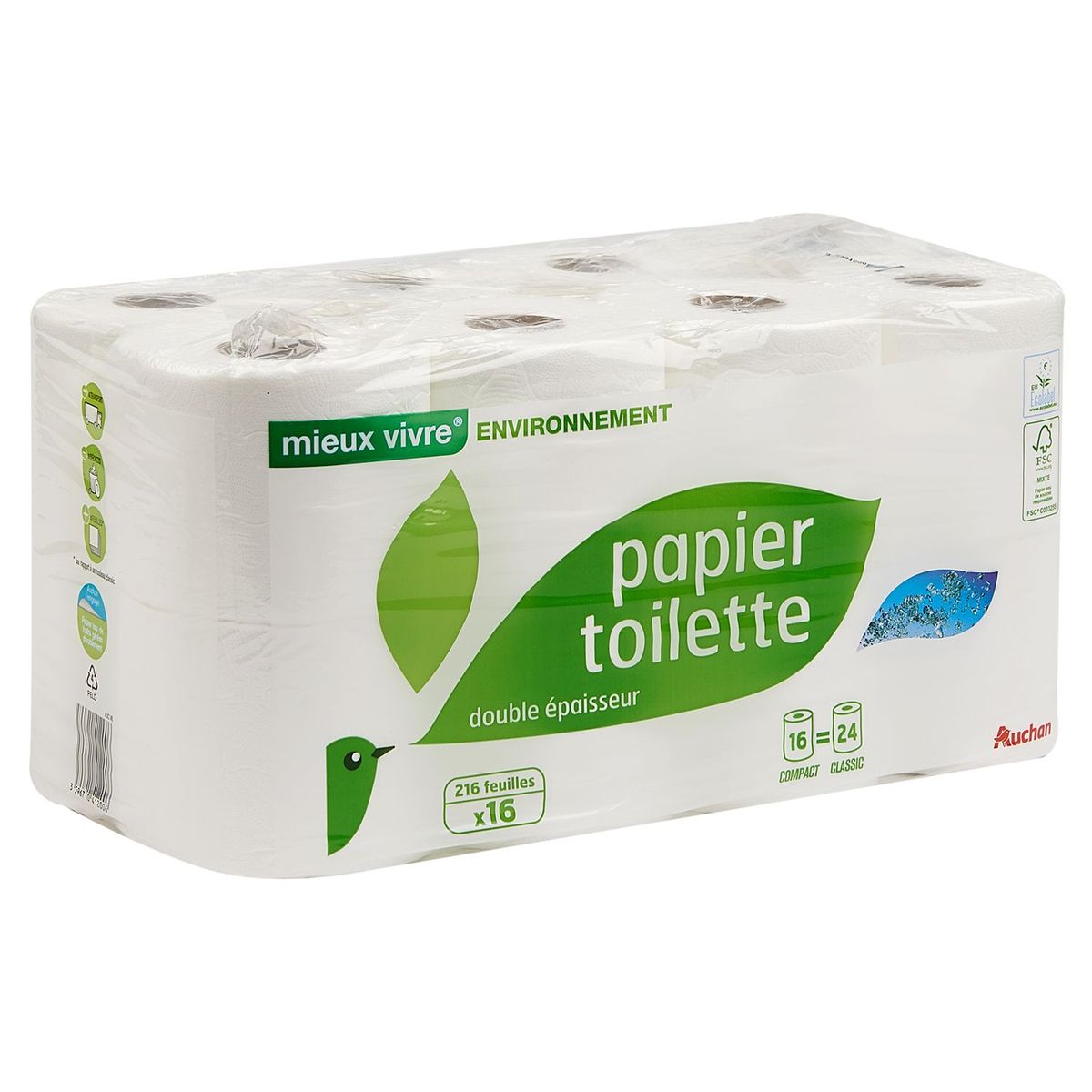 AUCHAN MIEUX VIVRE Papier toilette blanc écolabel compact 2 épaisseurs = 24 standards 16 rouleaux