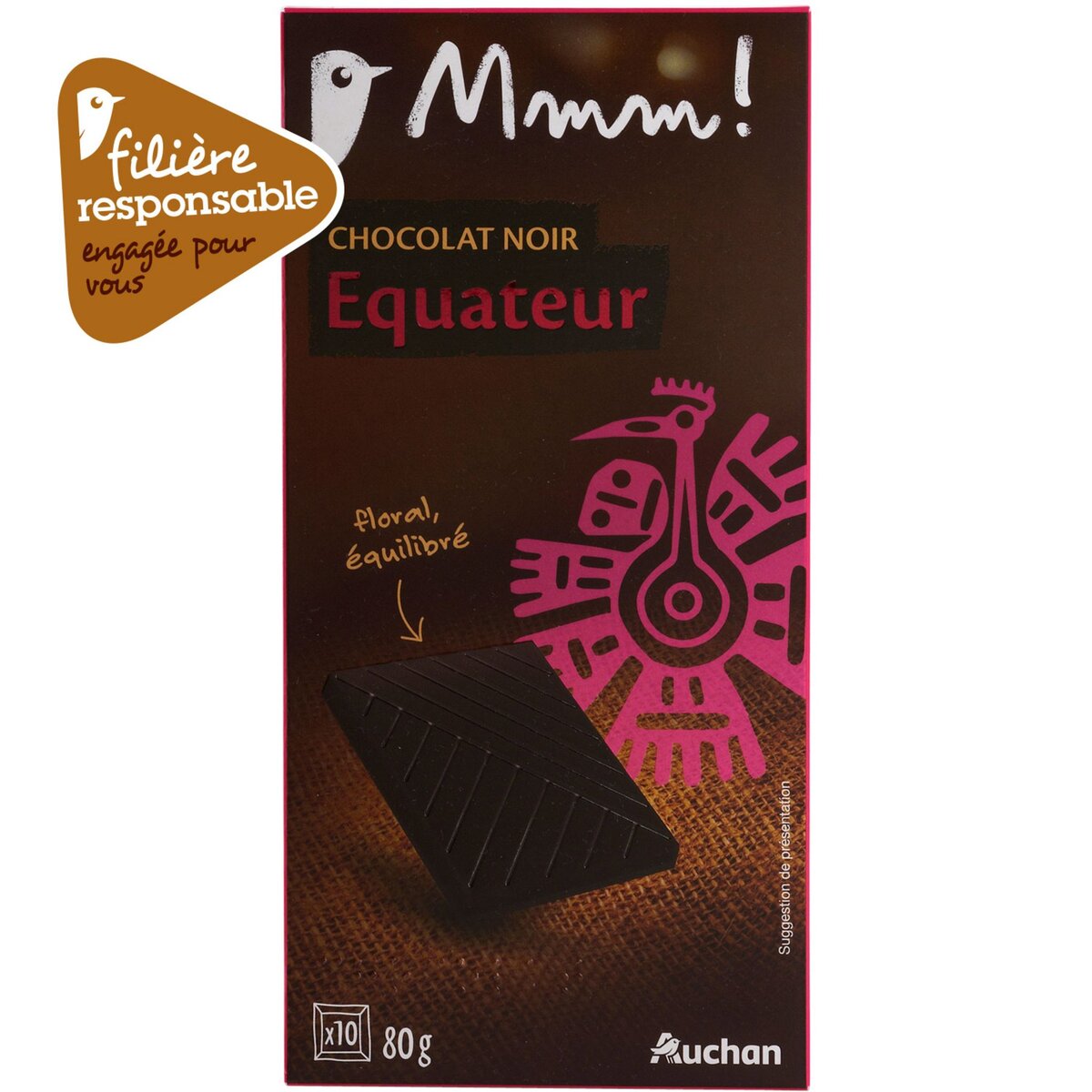AUCHAN GOURMET Tablette de chocolat noir dégustation Equateur filière responsable 1 pièce 80g
