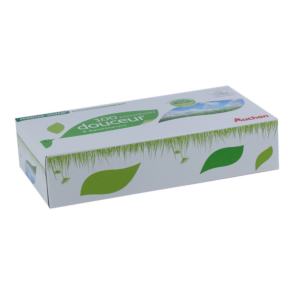 AUCHAN MIEUX VIVRE Boîte de mouchoirs blancs écolabel 3 épaisseurs 100 mouchoirs