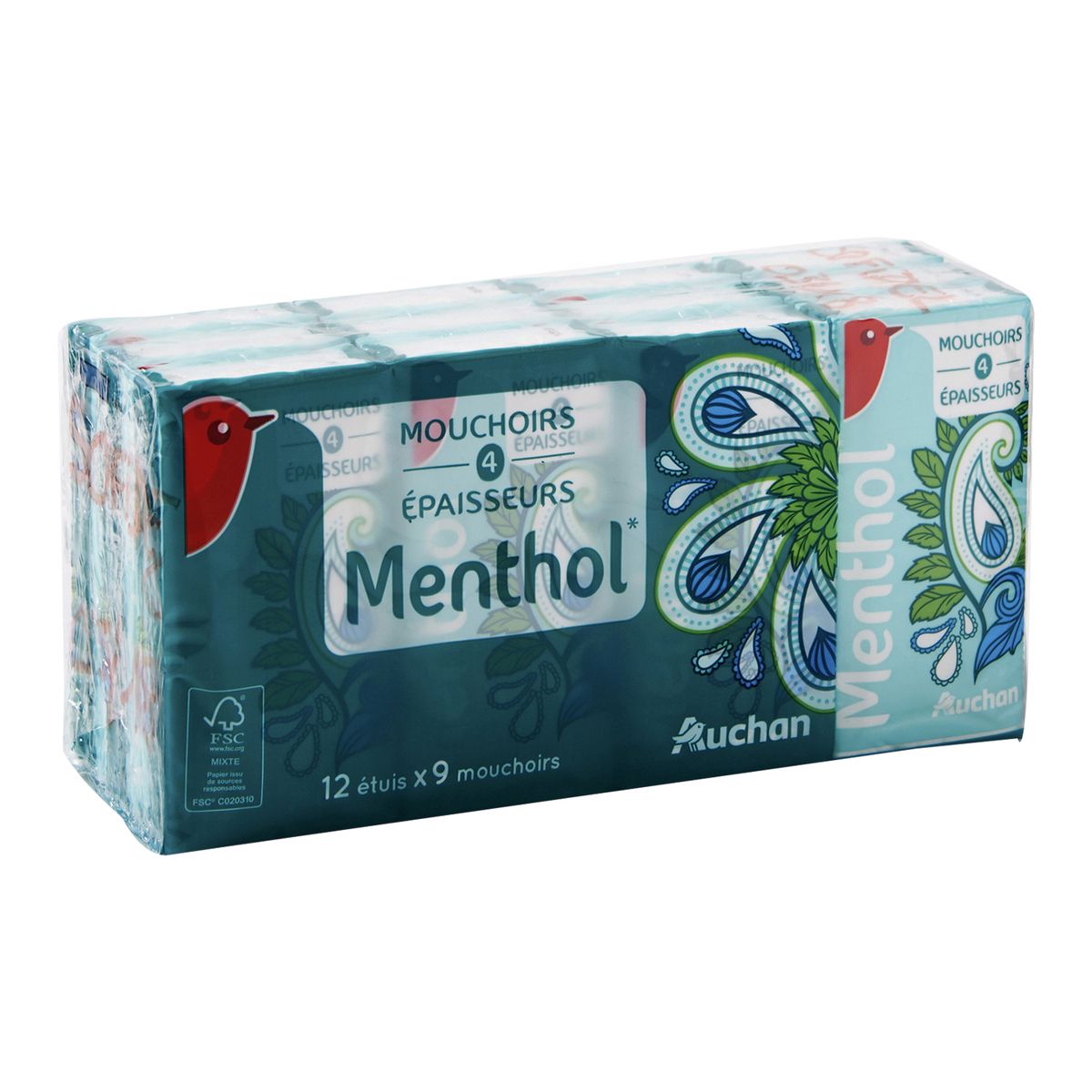 AUCHAN Paquets de mouchoirs au menthol 4 épaisseurs 12x9 mouchoirs