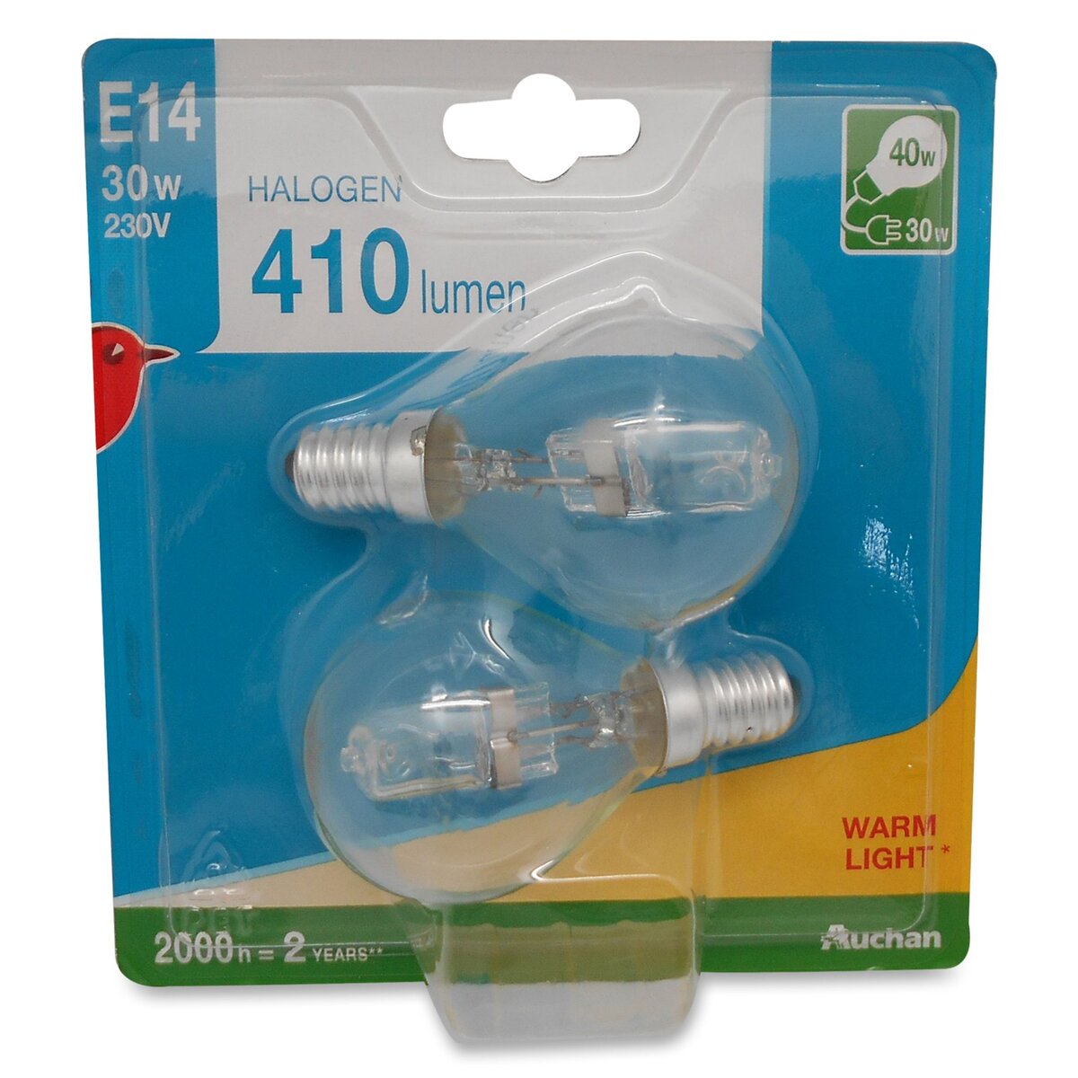 AUCHAN Auchan Ampoules halogènes E14 mini sphériques 30w warm light 410 lumen x2 410 lumen 2 pièces