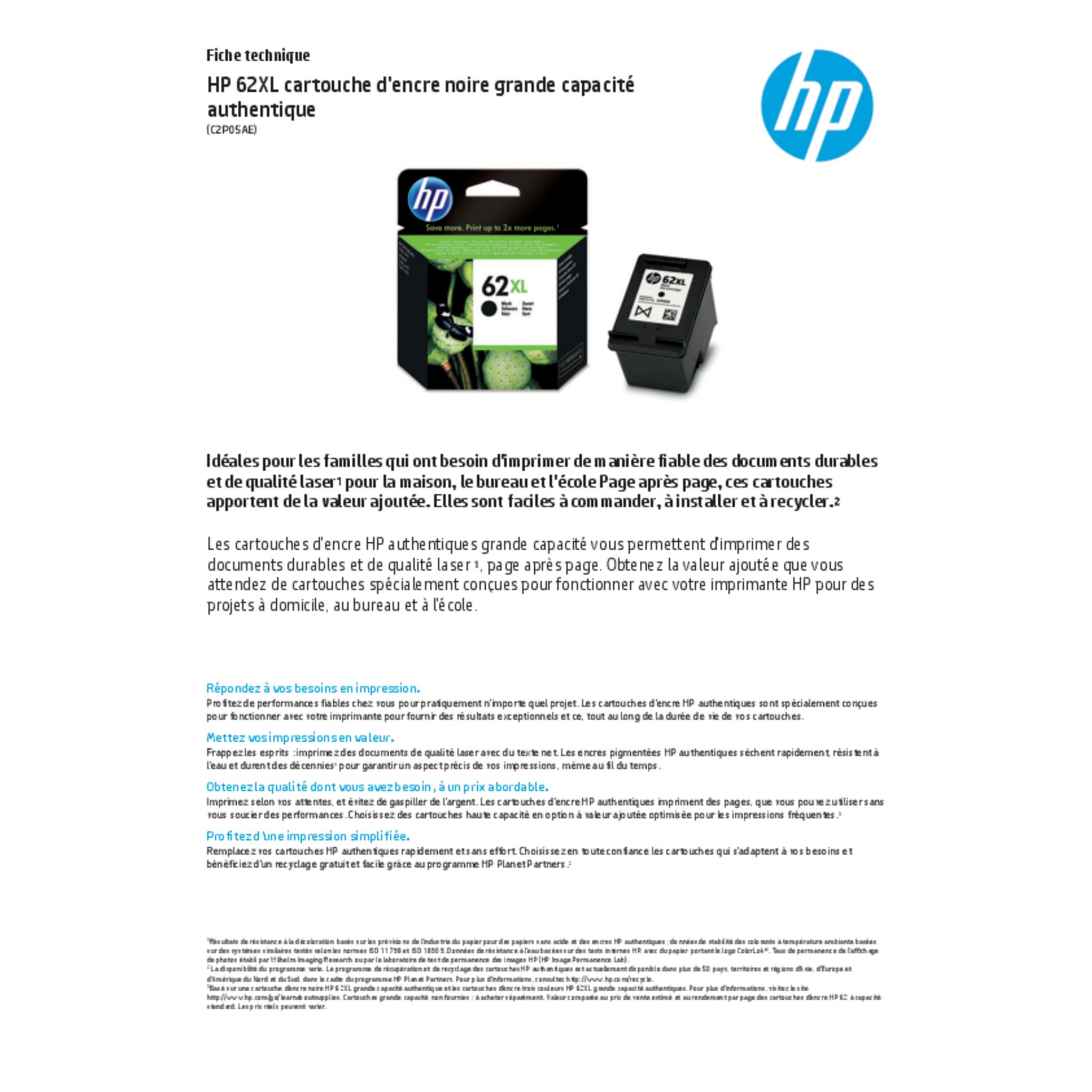 Voir la diapositive 2 : HP Cartouche Noir 62XL