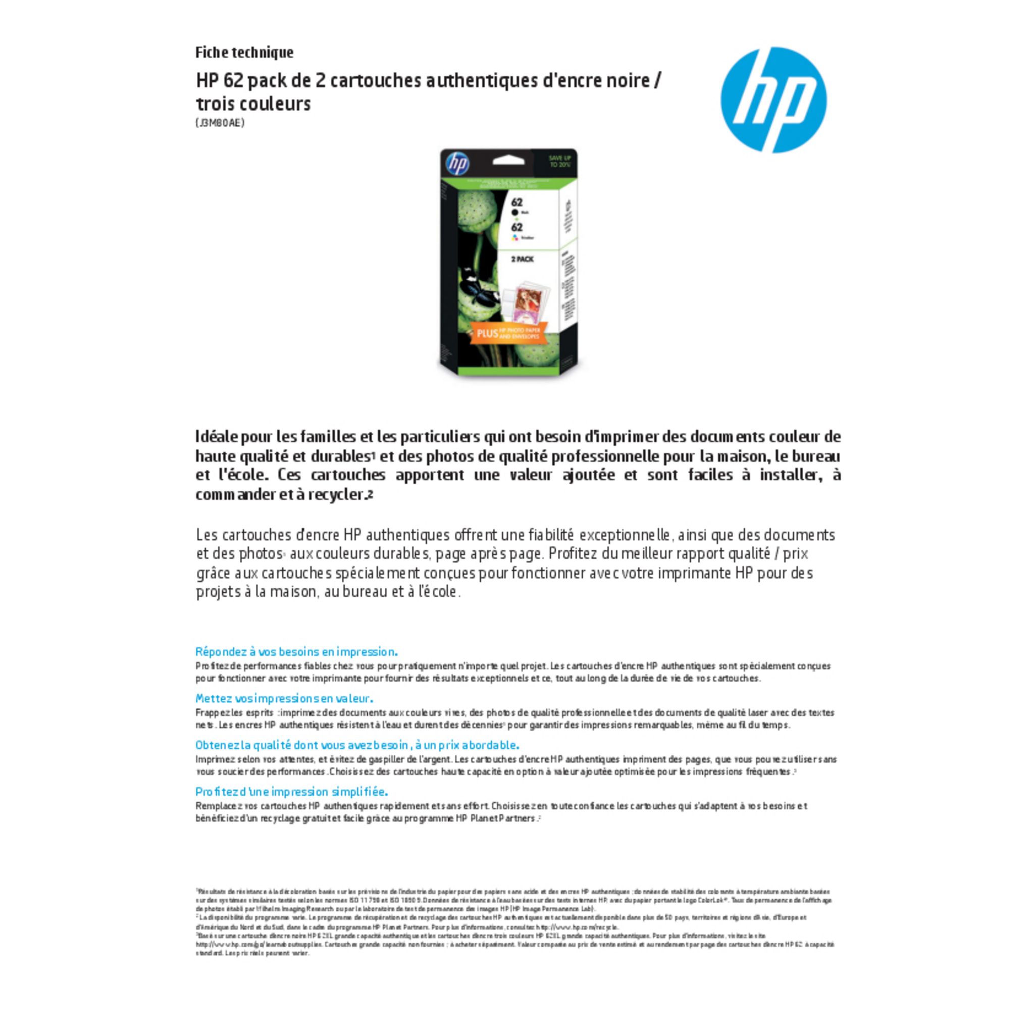 Voir la diapositive 2 : HP Cartouche Noir/Tri-color 62