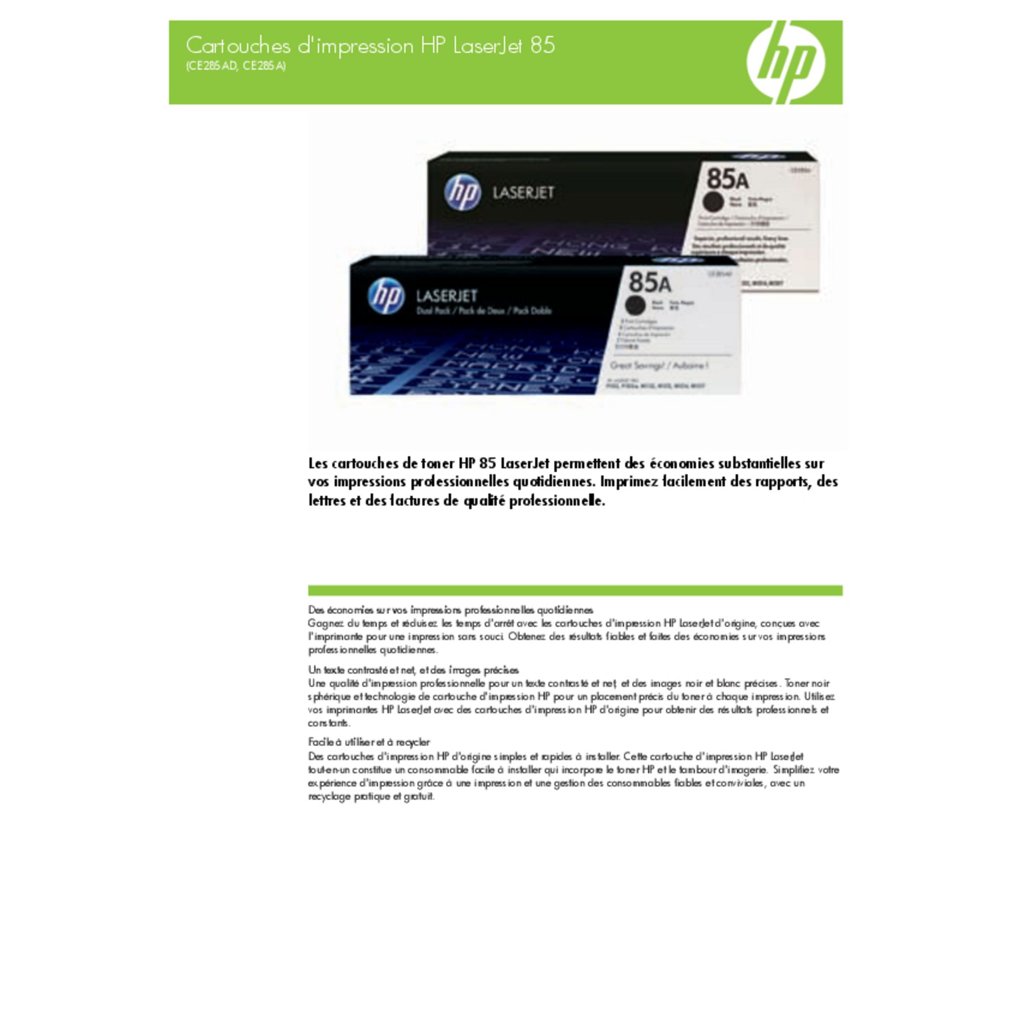 Voir la diapositive 2 : HP 2 pack Toner 85A LaserJet Cartridge - Noir