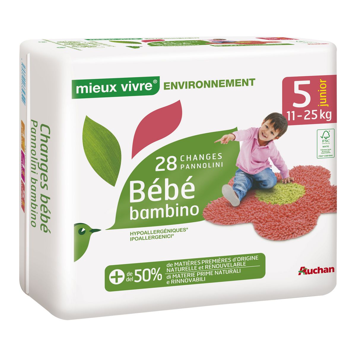 AUCHAN MIEUX VIVRE Couches bébé écologiques taille 5 (11-25kg) 28 couches