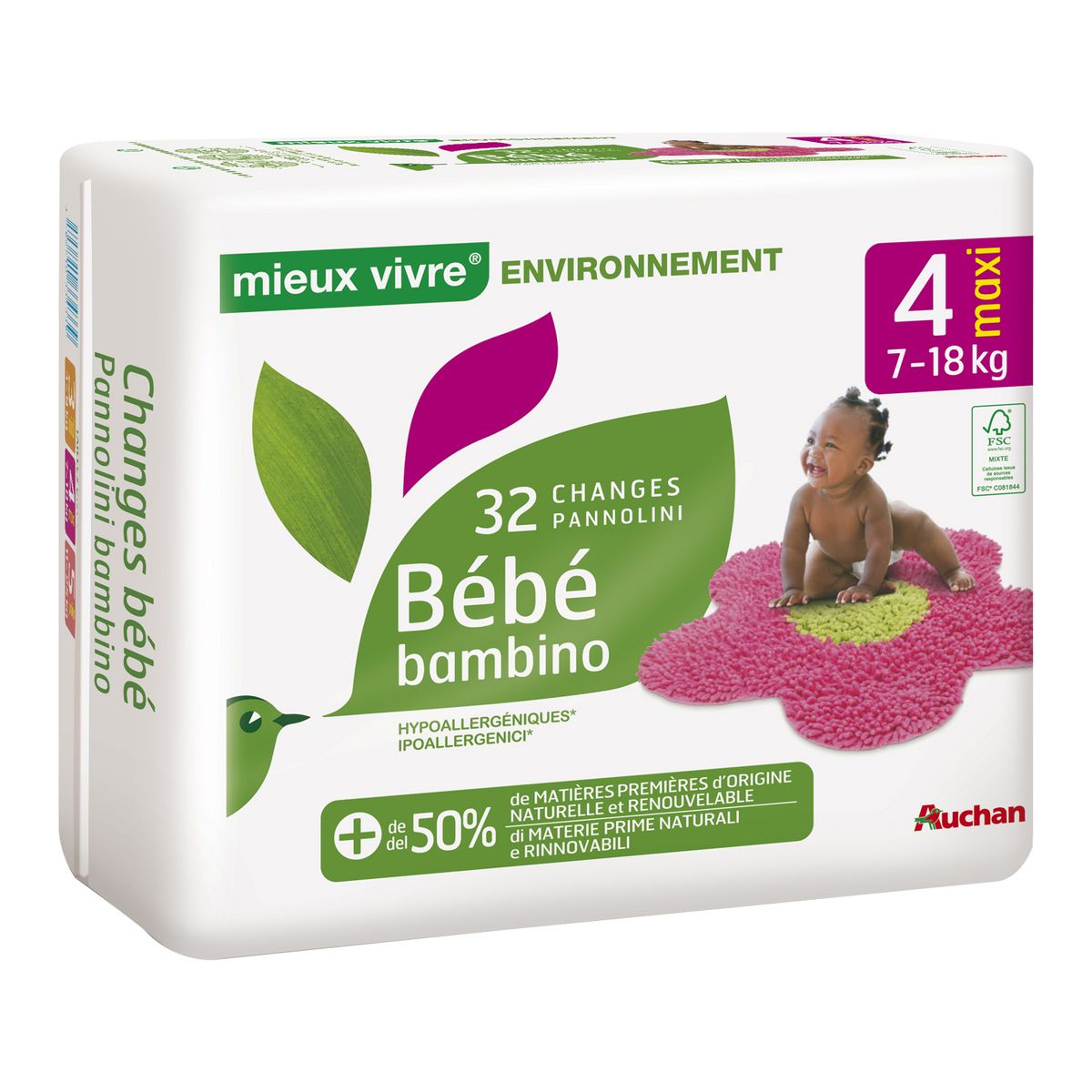 AUCHAN MIEUX VIVRE Couches bébé écologiques taille 4 (7-18kg) 32 couches