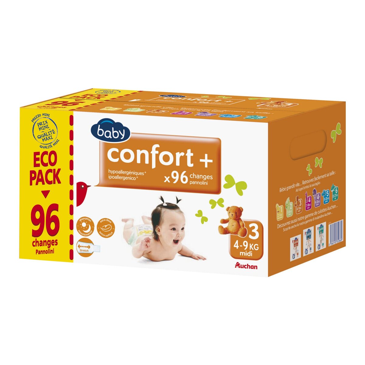 AUCHAN BABY Confort + couches taille 3 (4-9kg) 96 couches