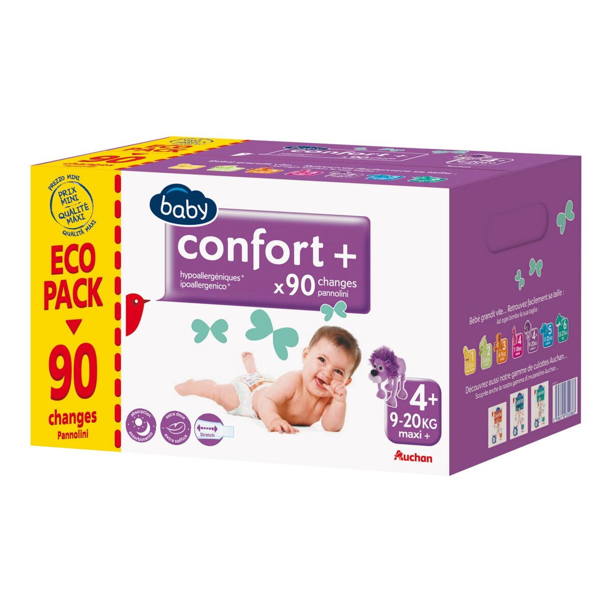 AUCHAN BABY Confort + couches taille 4+ (9-20kg) 90 couches