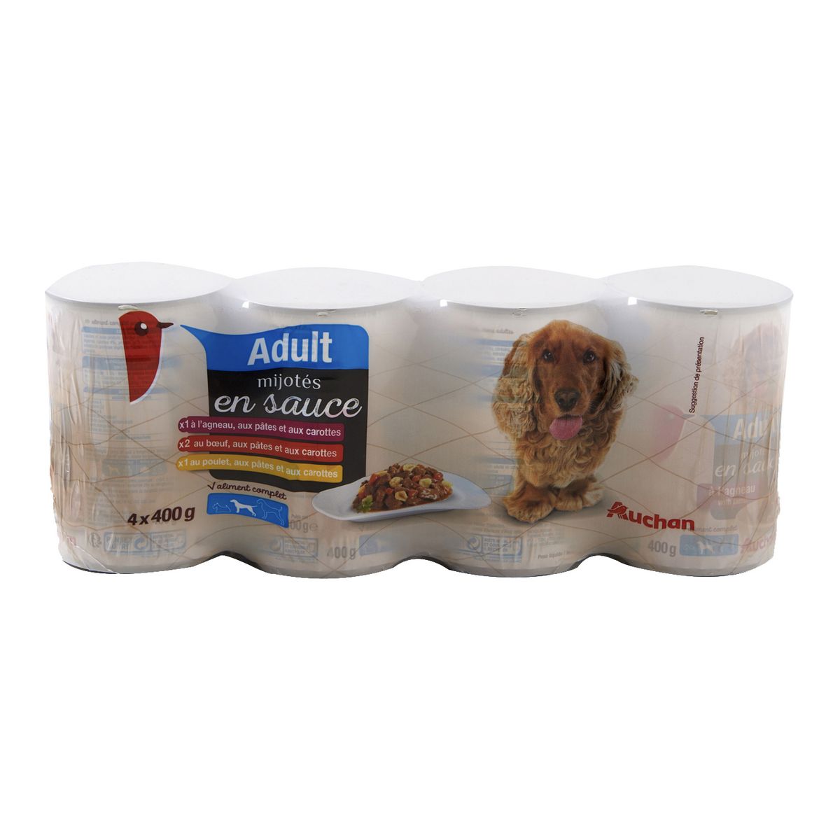 AUCHAN Adult assortiment boîtes pâtée en sauce viandes pour chien 4x400g