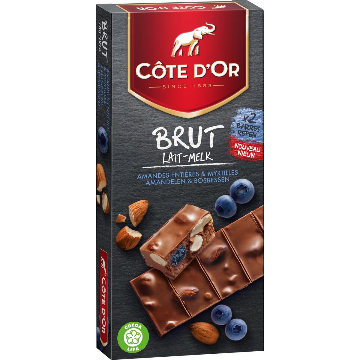 COTE D'OR Brut Tablette de chocolat au lait amandes entières & myrtilles  180g