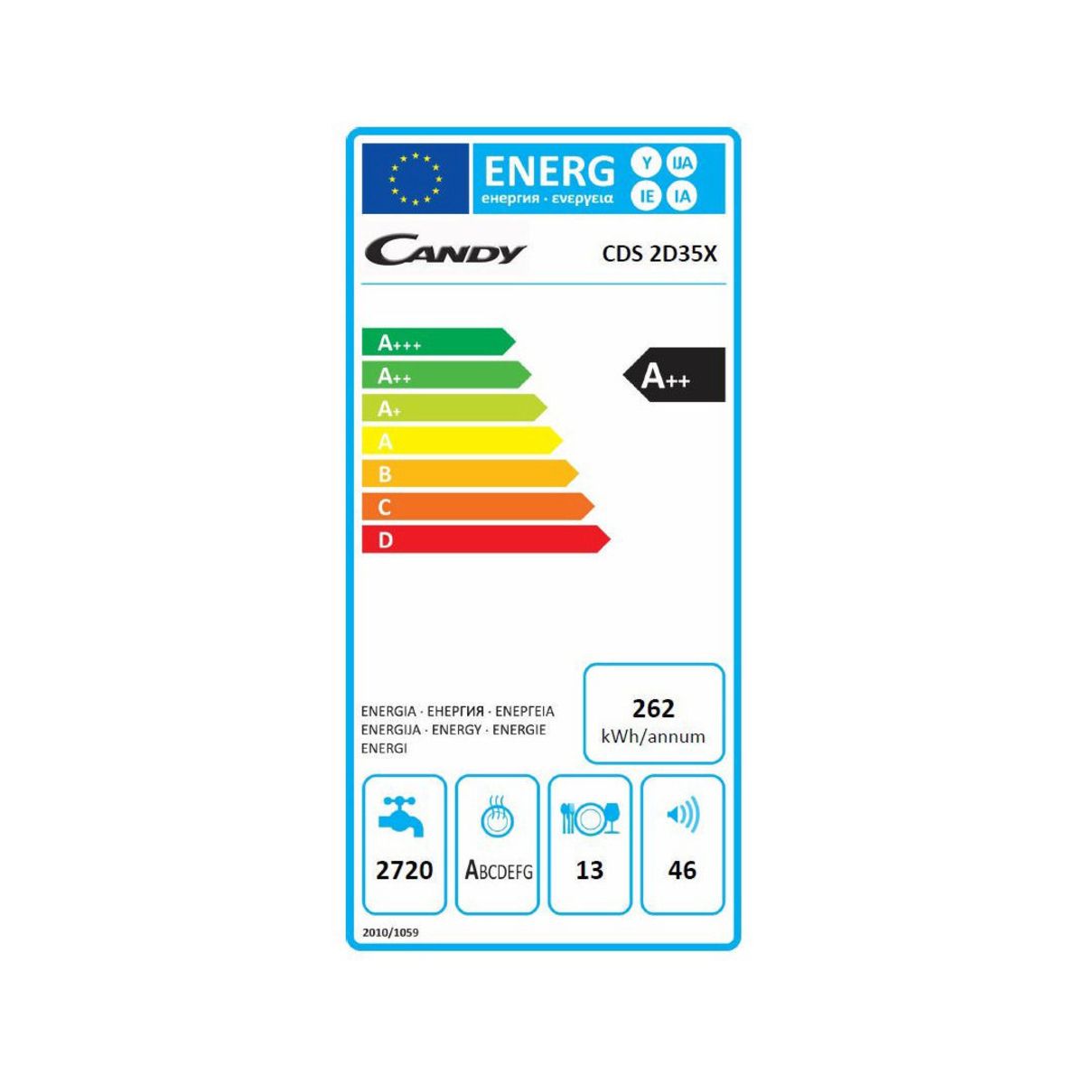 CANDY Lave-vaisselle semi encastrable CDS2D35X, 13 Couverts, 60 cm, 46 dB, 10 Programmes