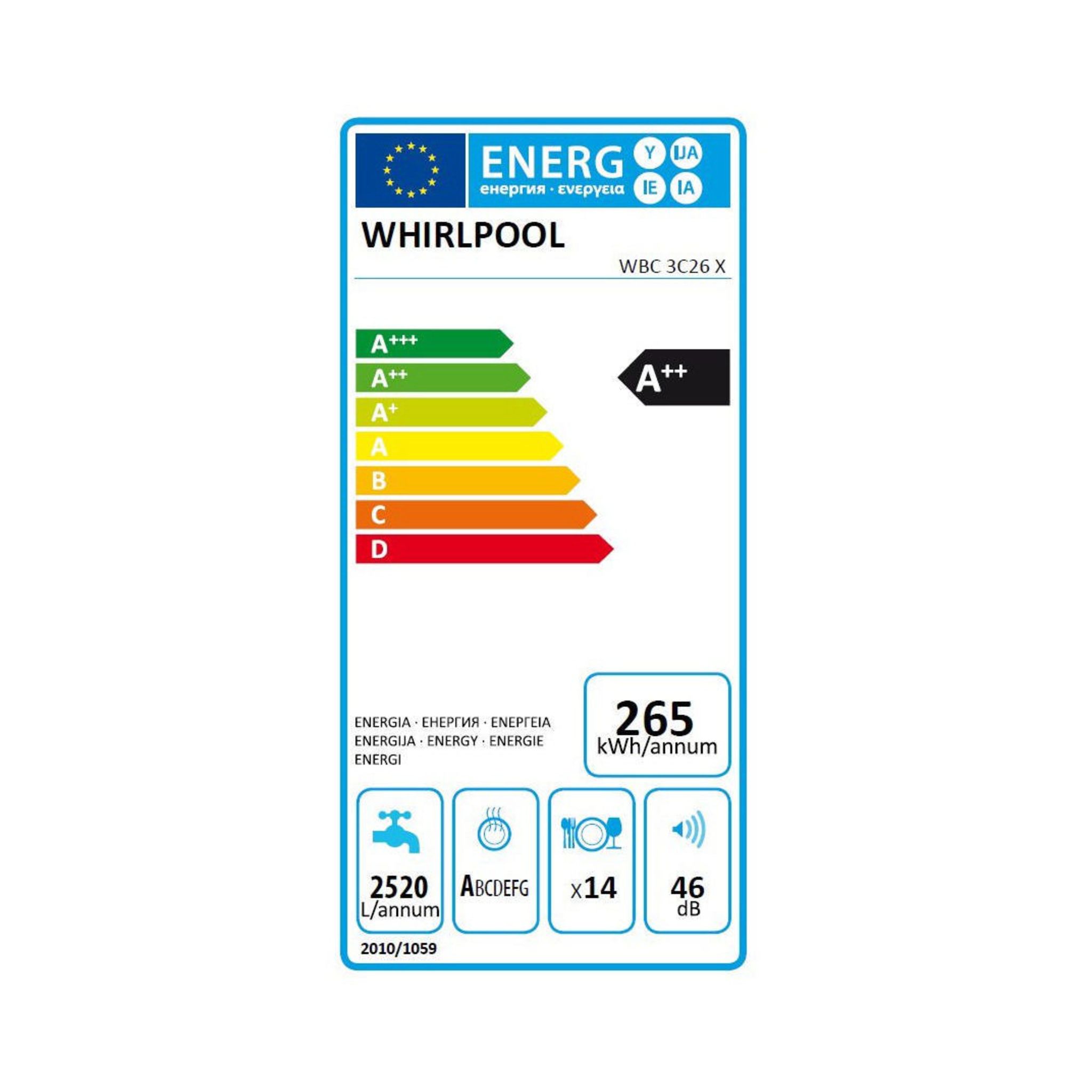 Voir la diapositive 2 : WHIRLPOOL Lave-vaisselle encastrable WBC3C26X, 14 couverts, 60 cm, 46 dB, 8 Programmes