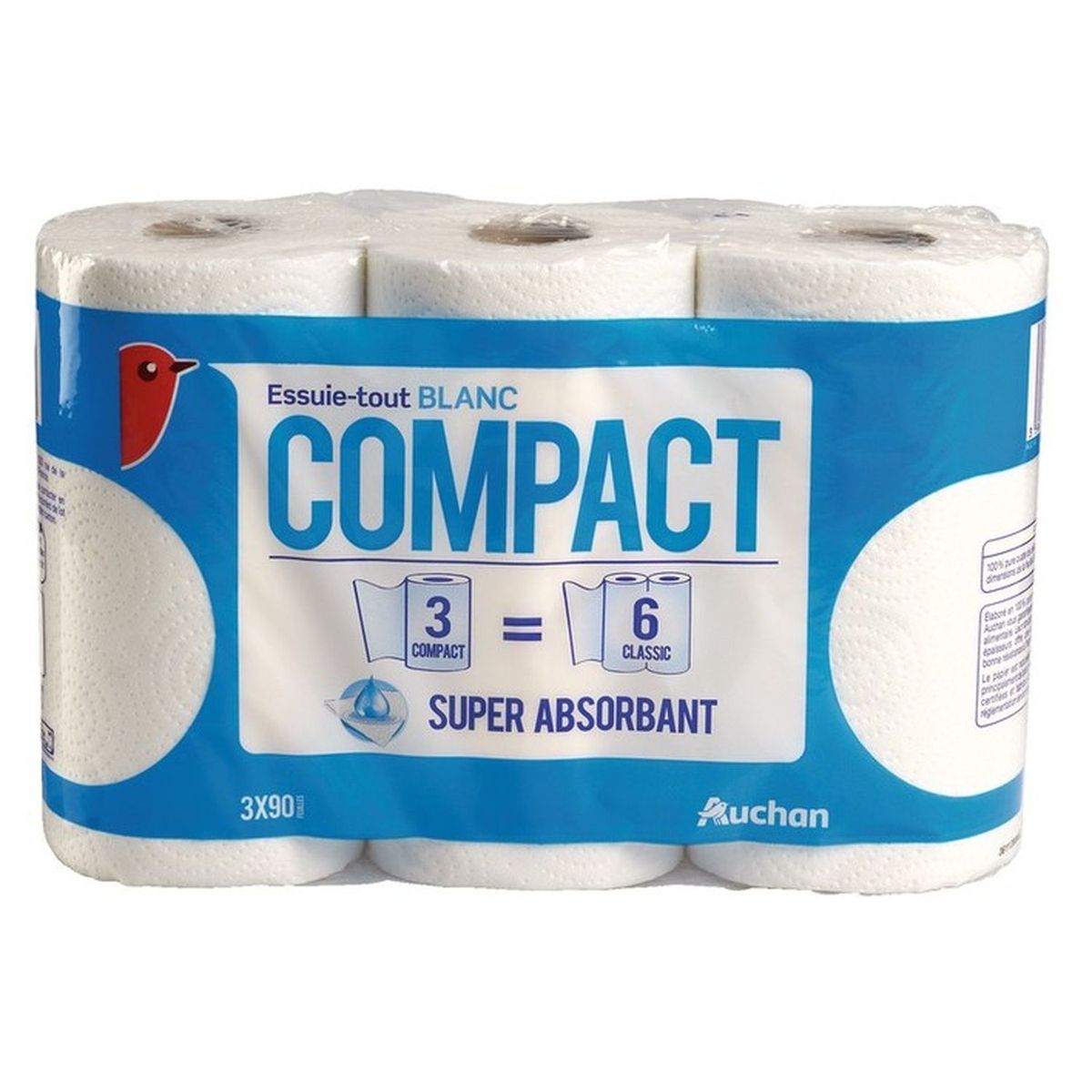 AUCHAN Essuie-tout blanc compact super absorbant = 6 standards 3 rouleaux