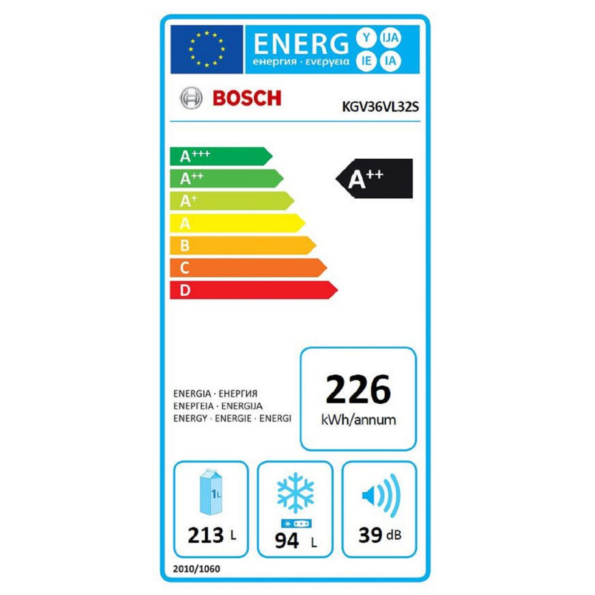 BOSCH Réfrigérateur combiné KGV36VL32S, 307 L, Froid ventilé et  LowFrost