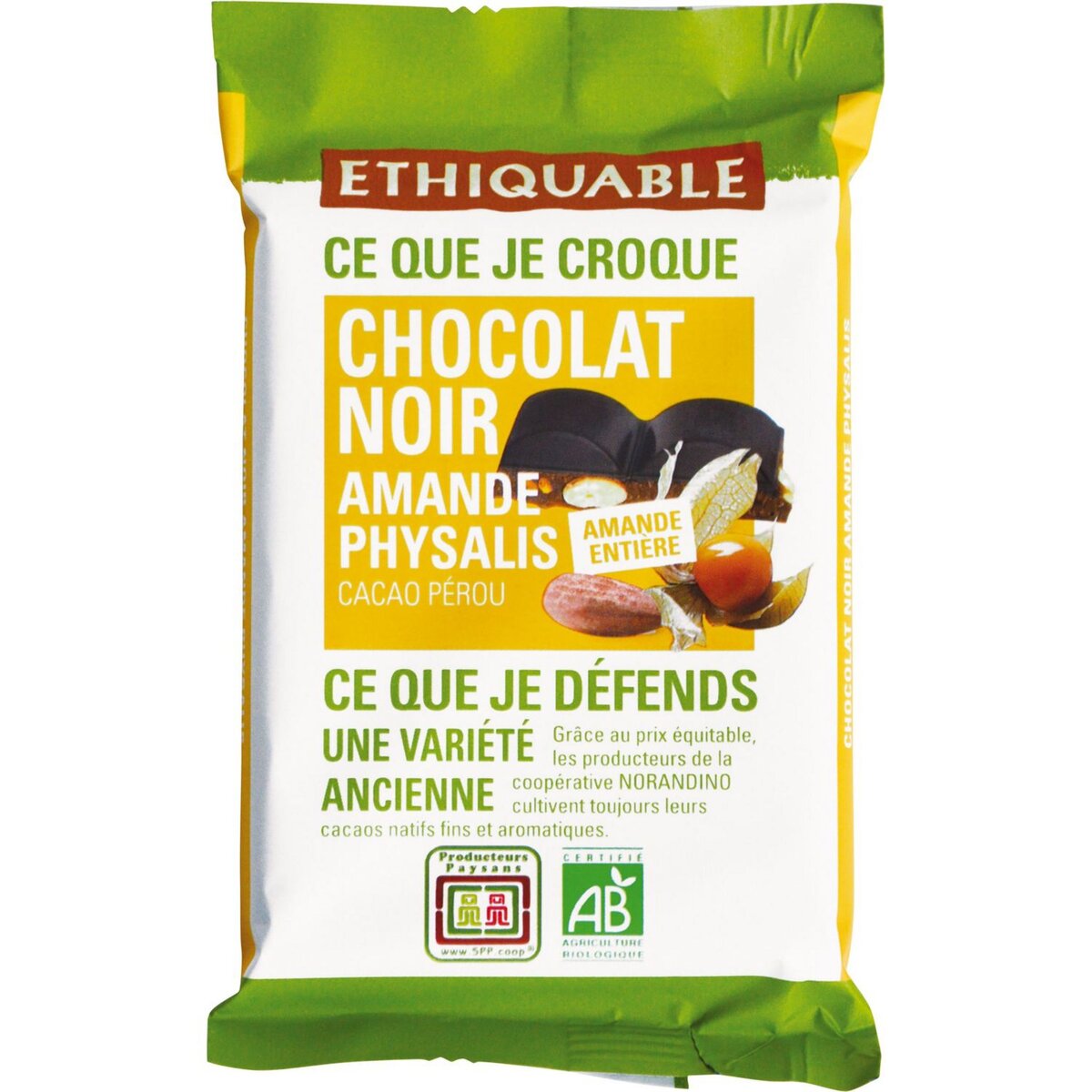 ETHIQUABLE Tablette chocolat noir bio 65% amande physalis 1 pièce 100g
