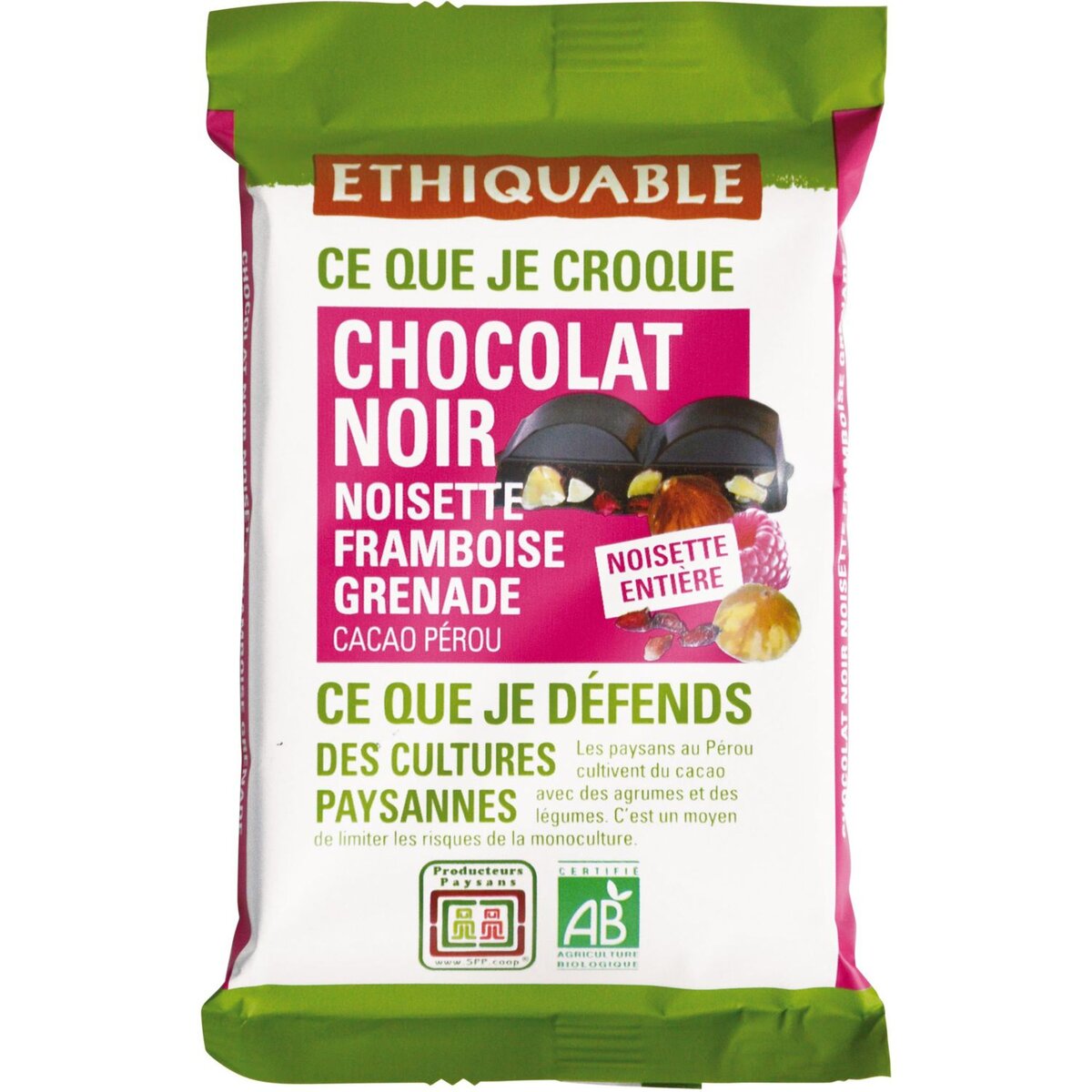 ETHIQUABLE Tablette de chocolat noir bio 65% noisettes framboise grenade 1 pièce 100g