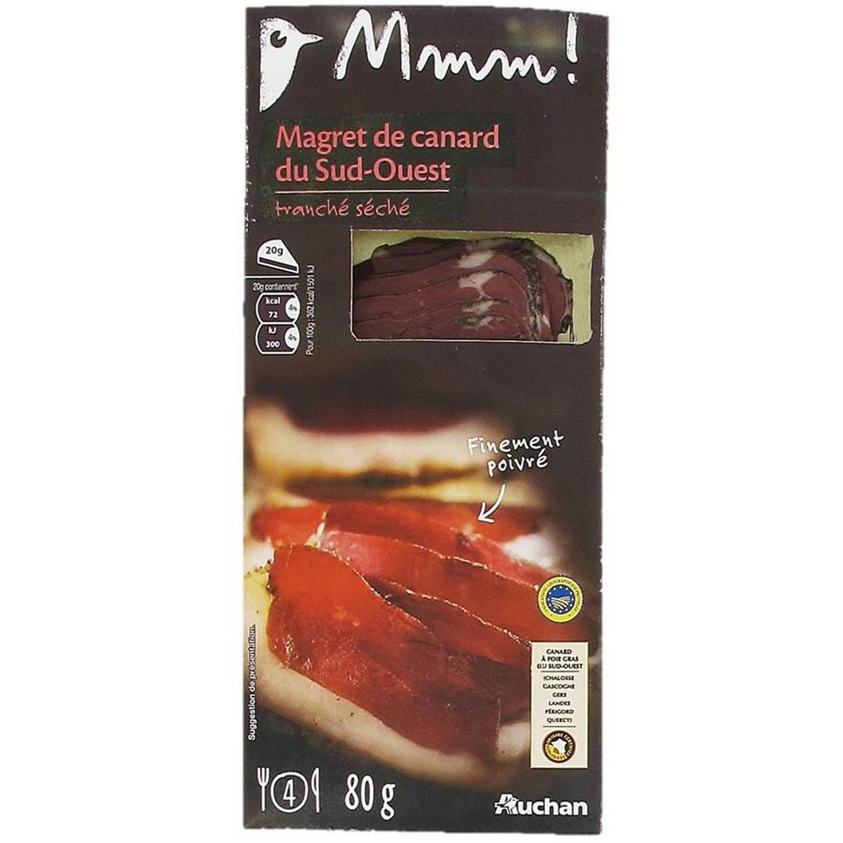 AUCHAN MMM! Magret de canard sud-ouest tranché séché IGP 4 personnes 80g