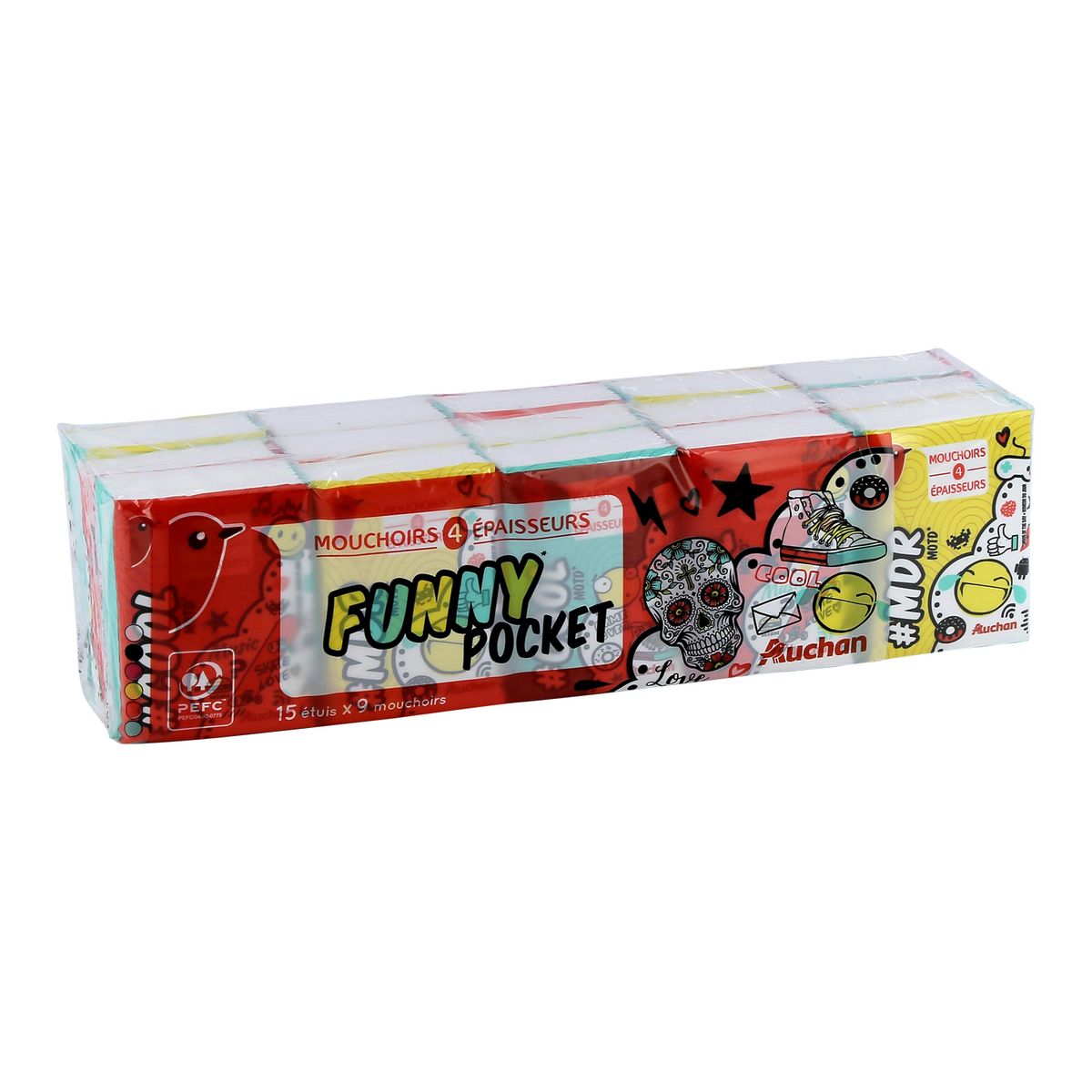 AUCHAN Paquets de mouchoirs funny 4 épaisseurs 15x9 mouchoirs