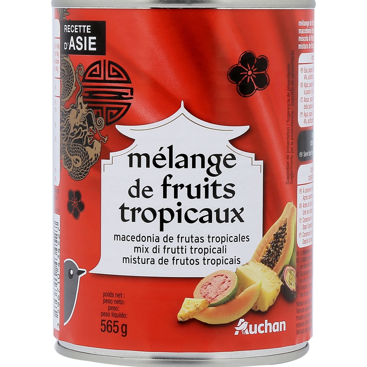 AUCHAN Mélange de fruits tropicaux au sirop léger et au jus de fruit de la passion 580ml