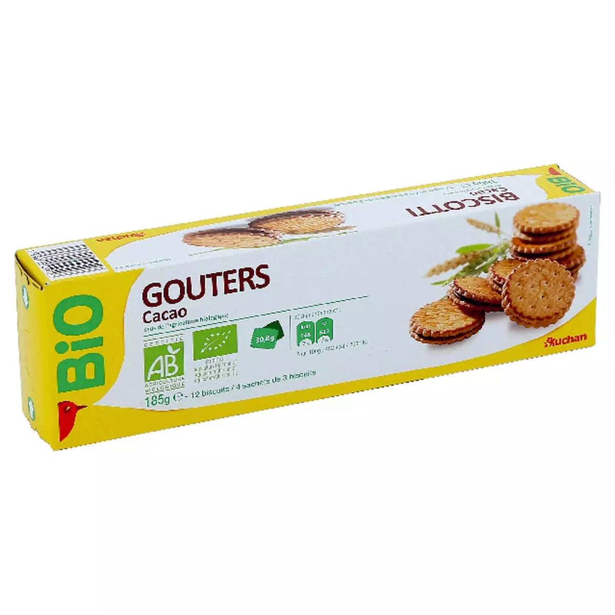AUCHAN BIO Biscuits cacao, sachets fraîcheur 4x3 biscuits 185g