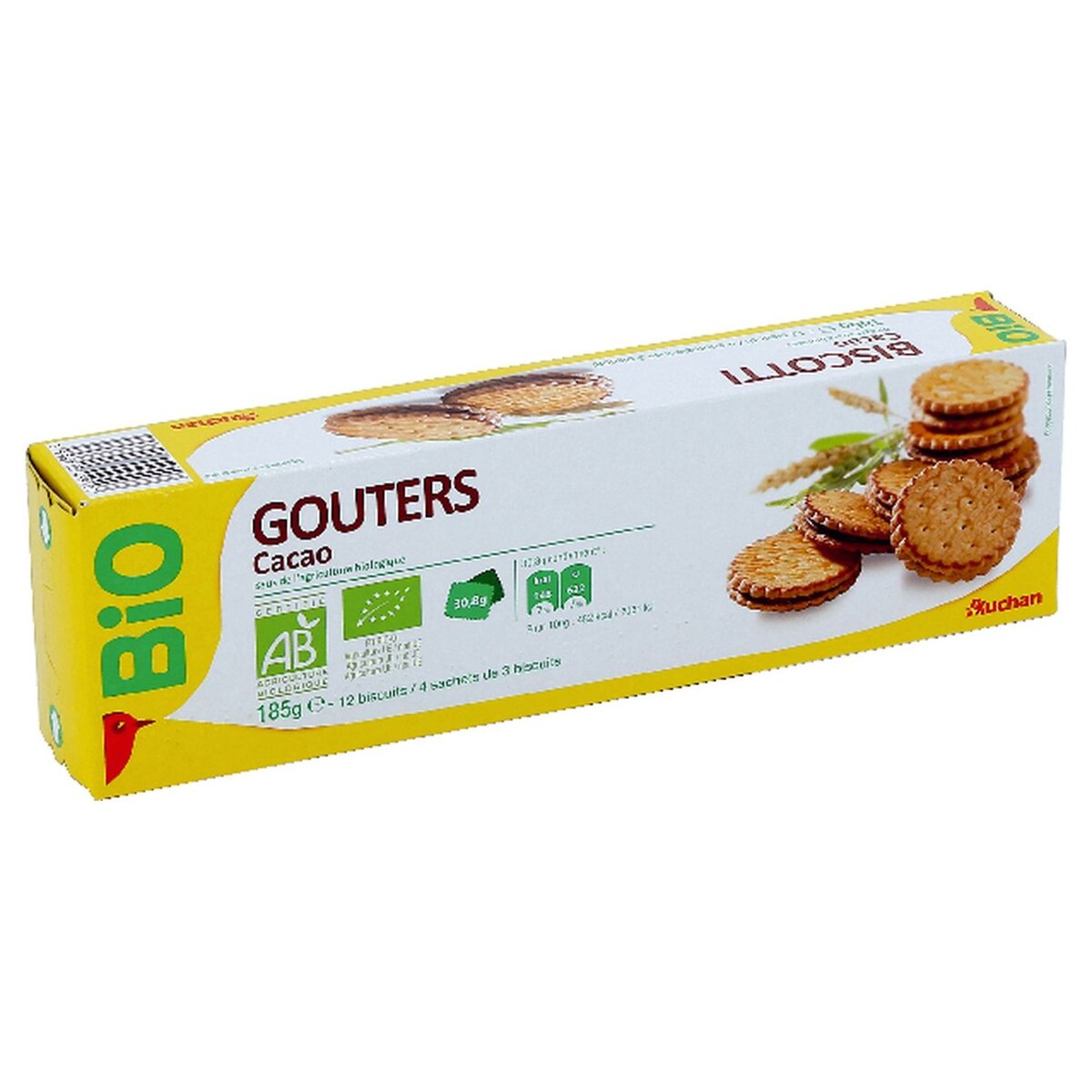AUCHAN BIO Biscuits cacao, sachets fraîcheur 4x3 biscuits 185g