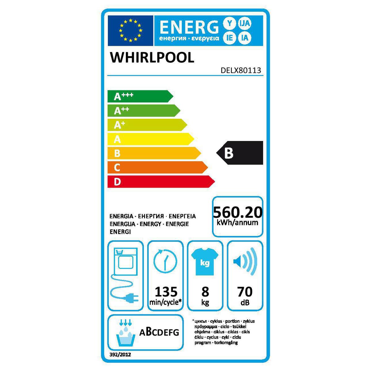 WHIRLPOOL Sèche-linge porte pleine DELX80113 - 8 Kg, Condensation